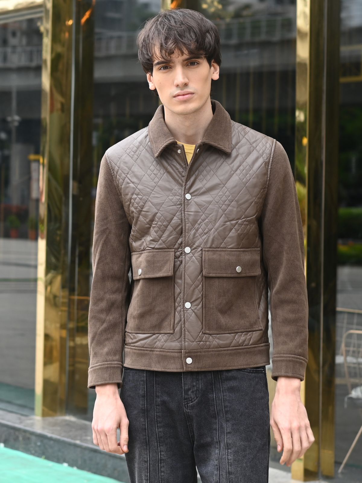 Brown Patterned PU and Coduri Jacket For Men