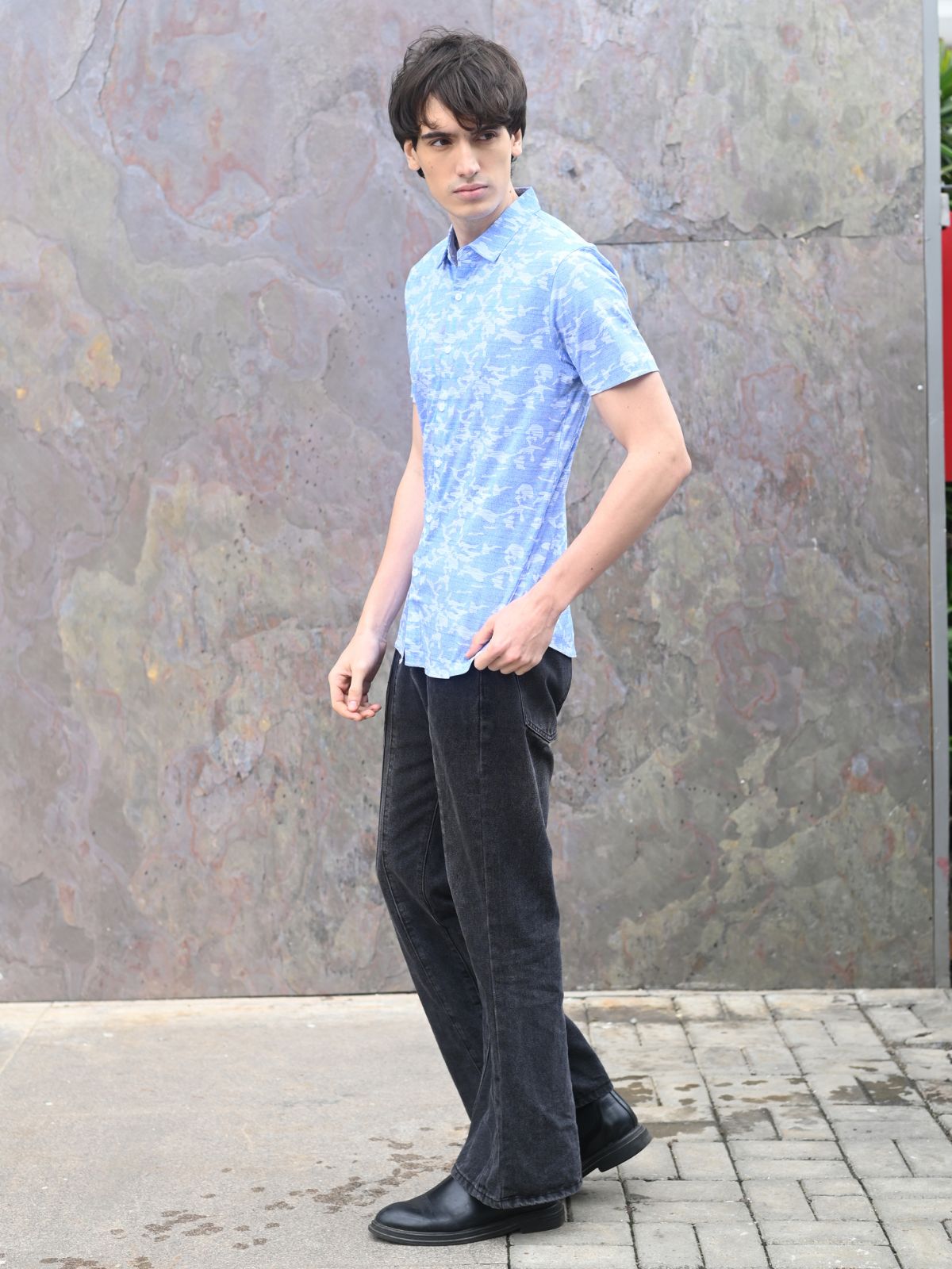 Blue Printed Polyester Lyvra Formal Shirt For Men