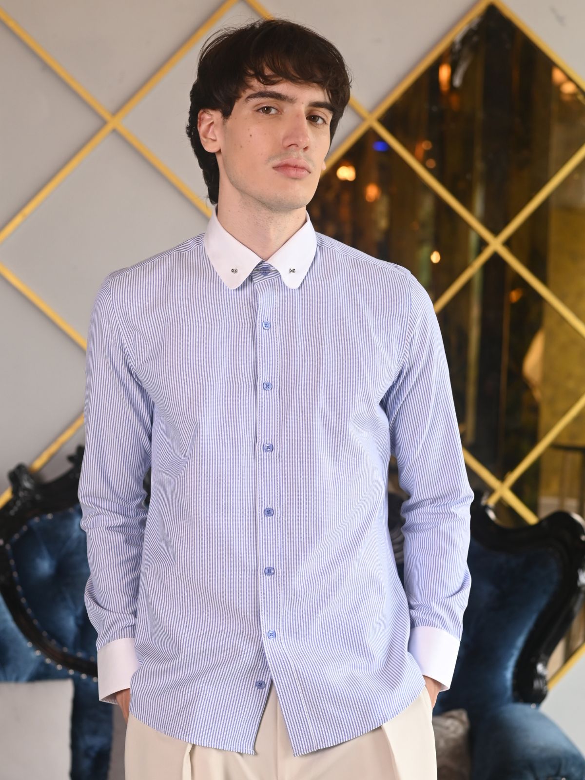 Blue Striped Stripes Cotton Formal Shirt For Men