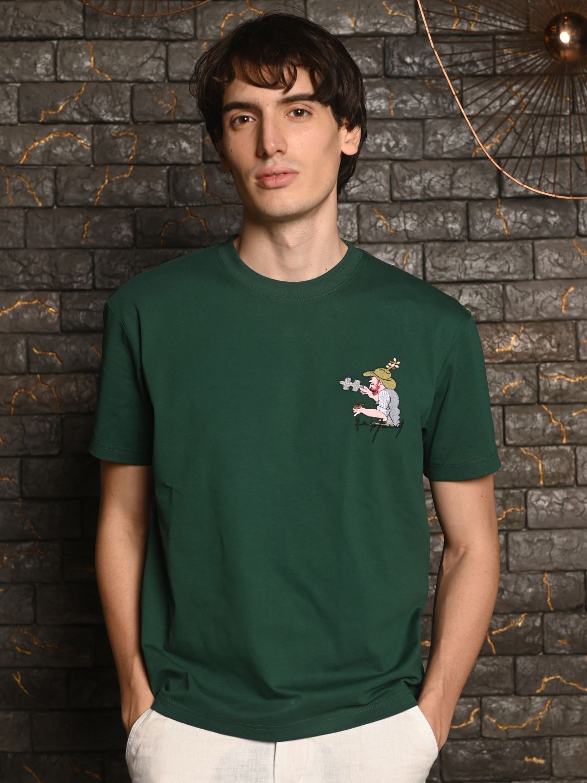 Green Embroidered Cotton jersey T-shirt For Men