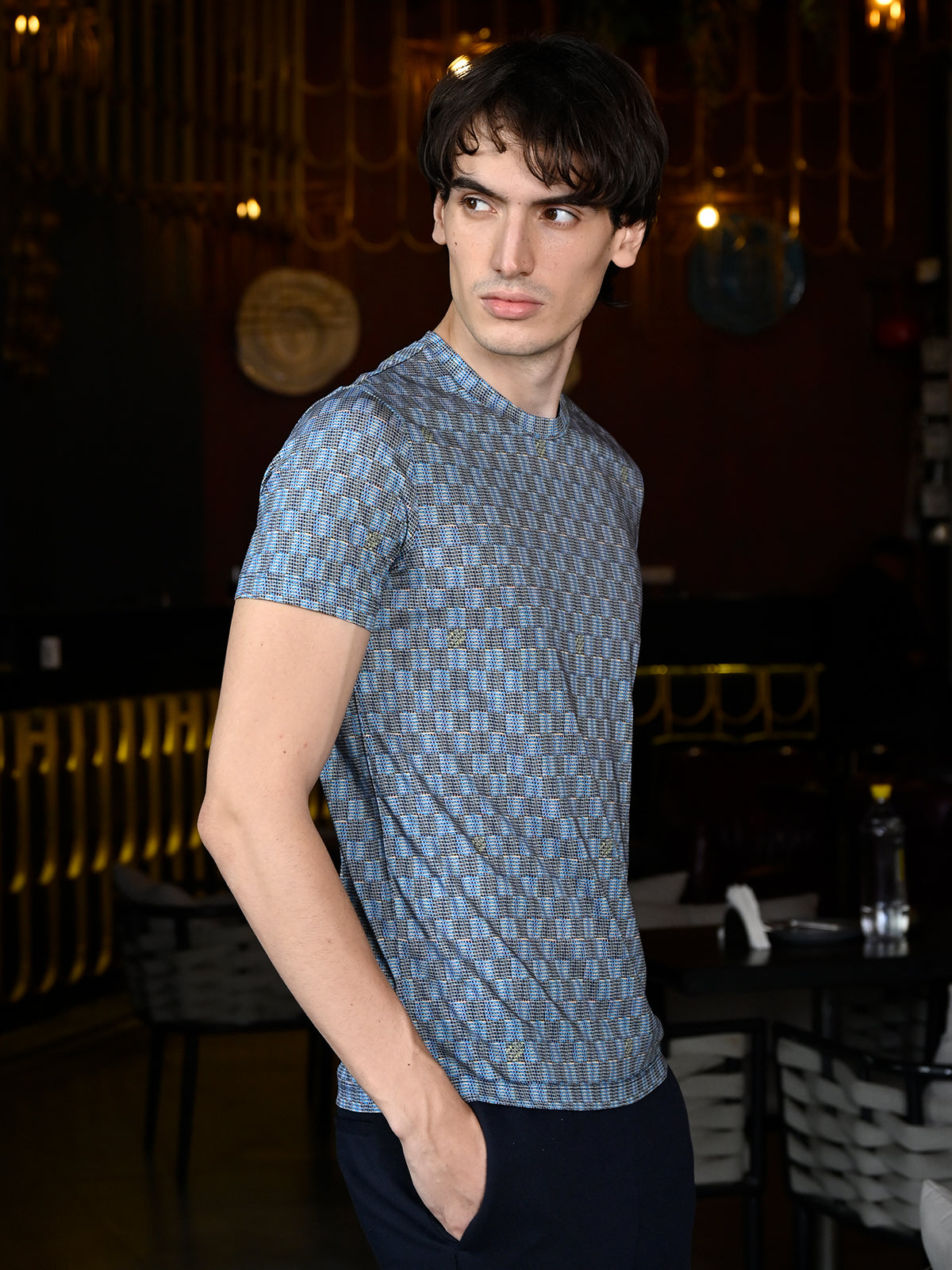 Multicolor Patterned Polyester Lycra T-shirt For Men