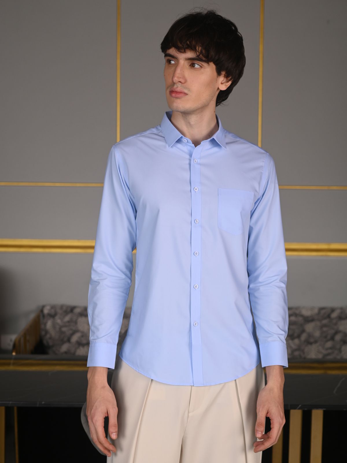 Blue Solid Polyester Formal Shirt For Men
