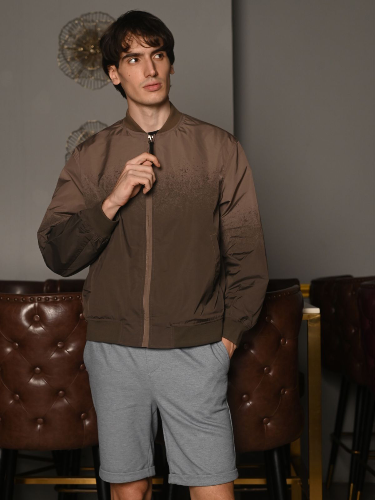 Brown Patterned Polyester Taffeta Jacket For Men