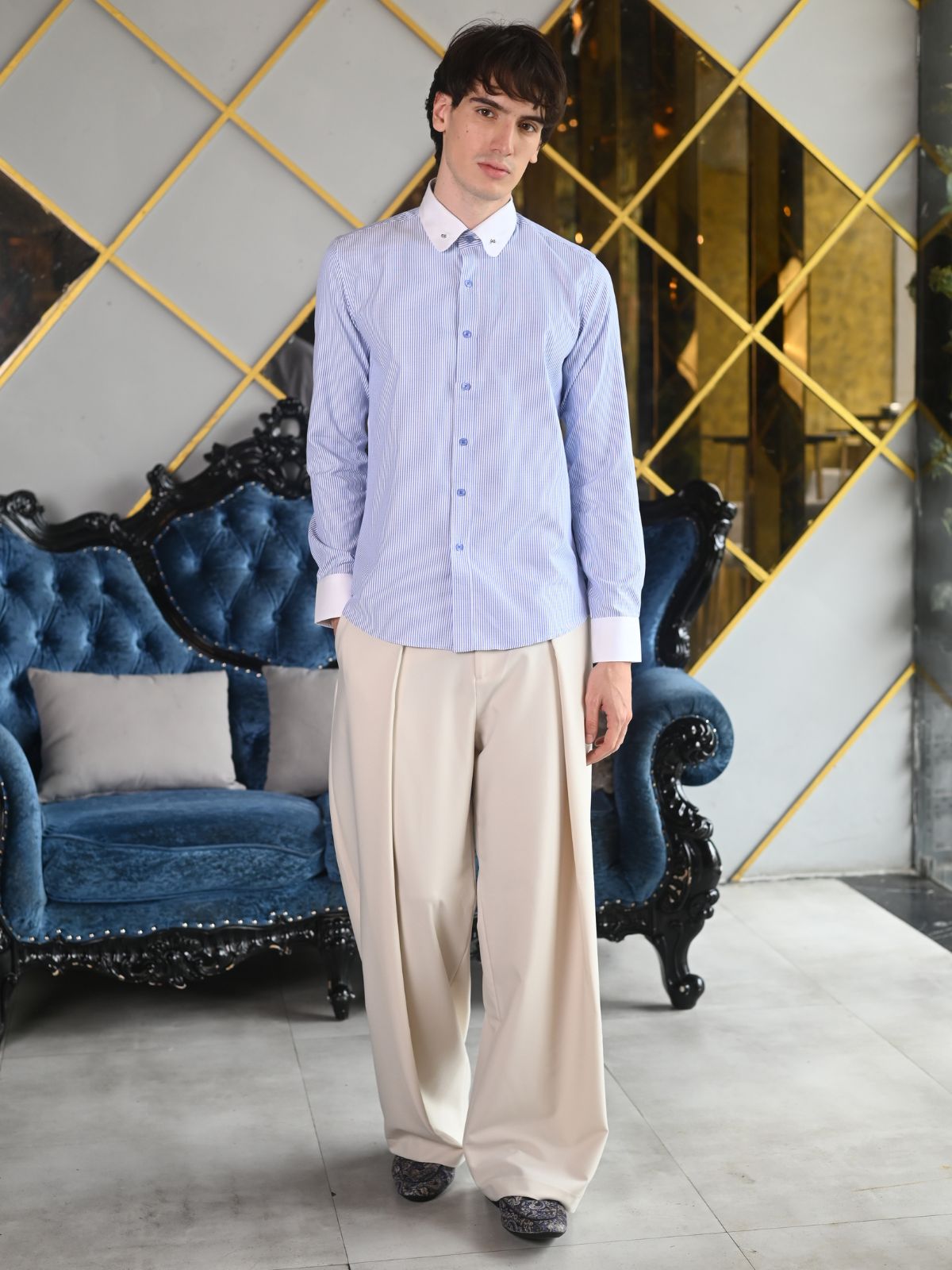 Blue Striped Stripes Cotton Formal Shirt For Men