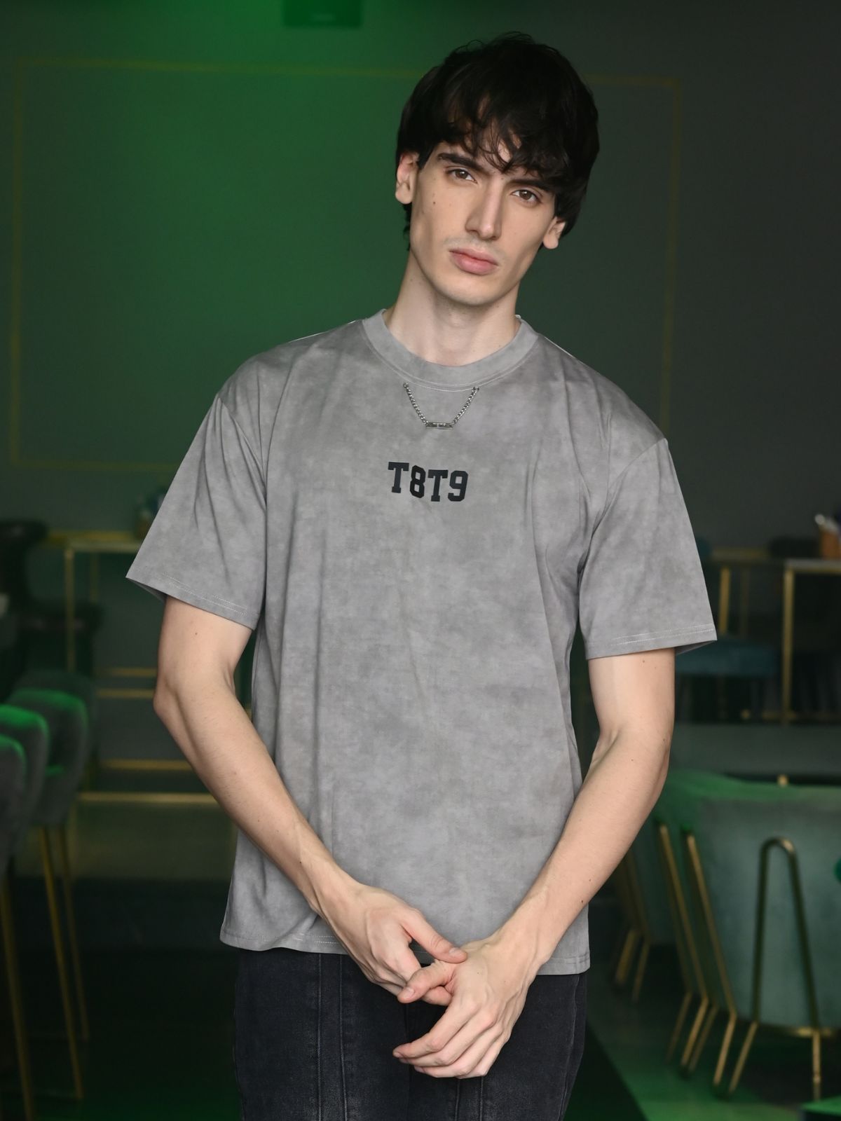 Grey Embossed Washed Cotton jersey T-shirt For Men