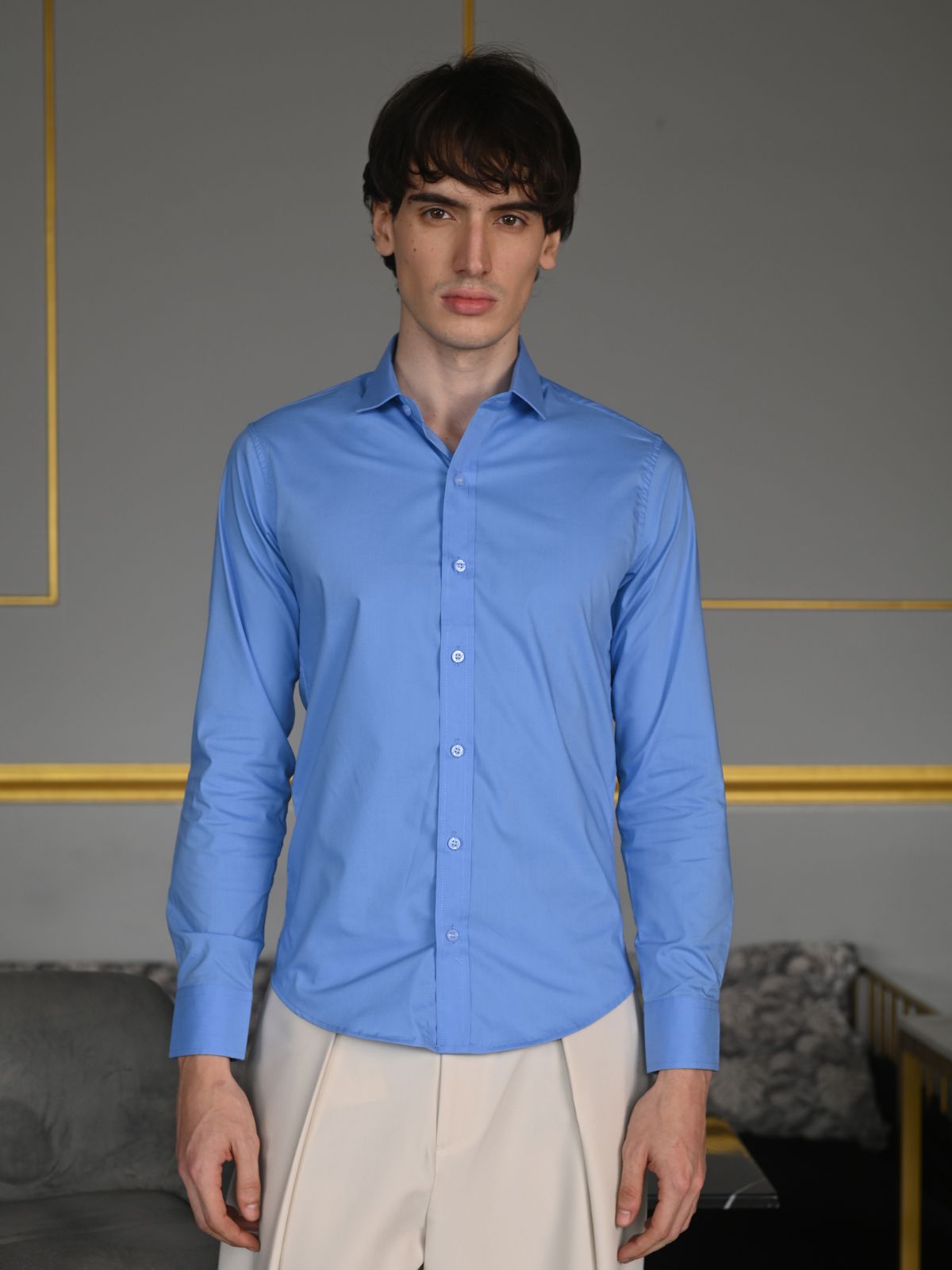 Blue Solid Cotton Lycra Formal Shirt For Men