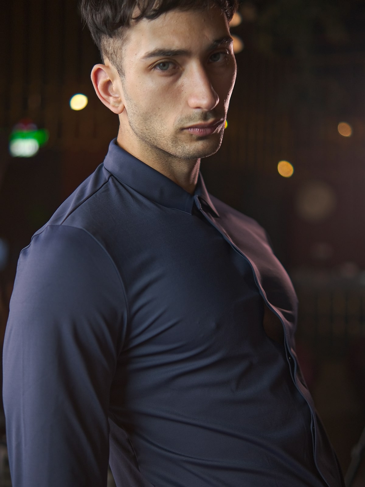 Blue Polyester Lycra Solid Shirt For Men