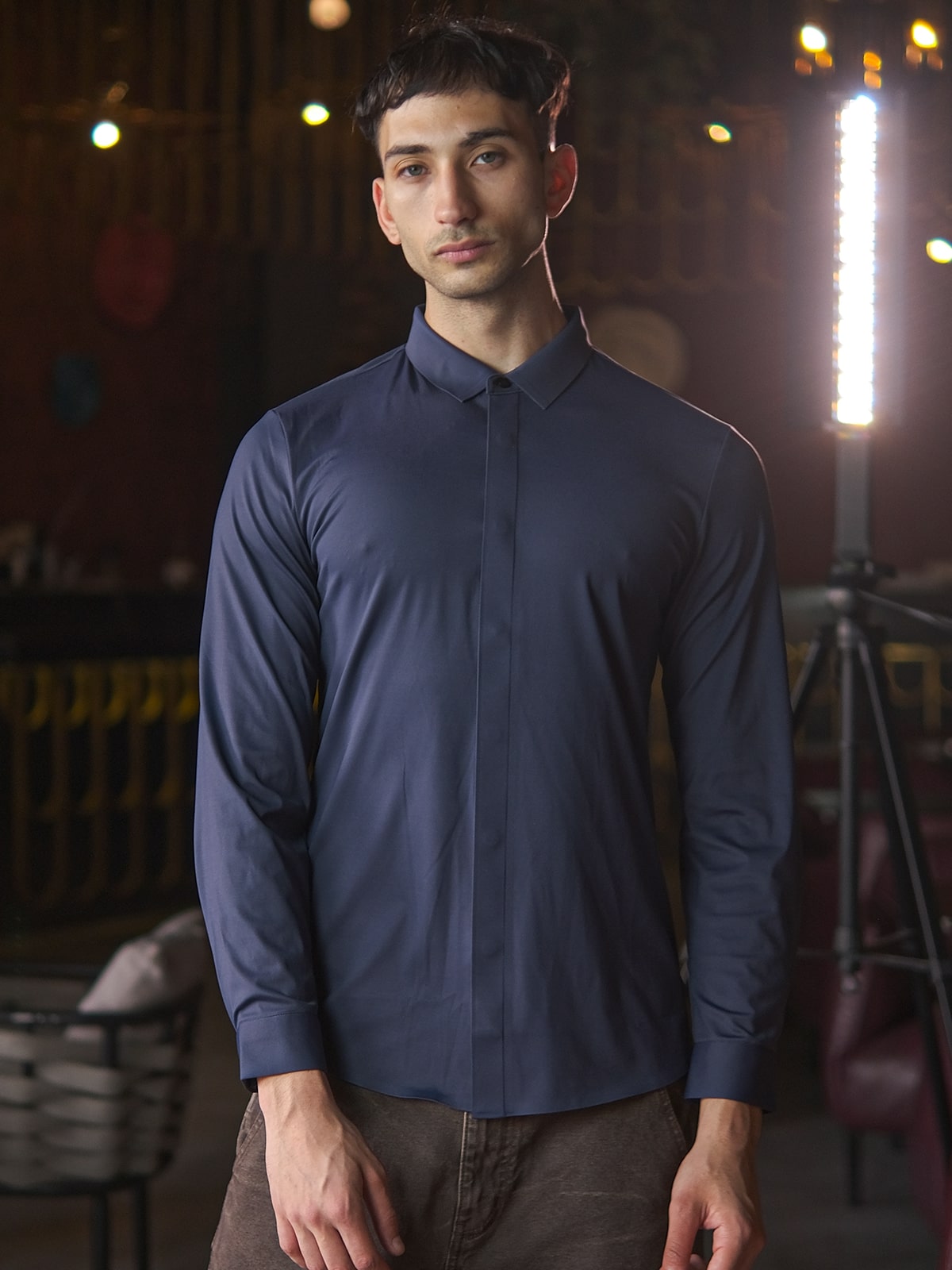 Blue Polyester Lycra Solid Shirt For Men
