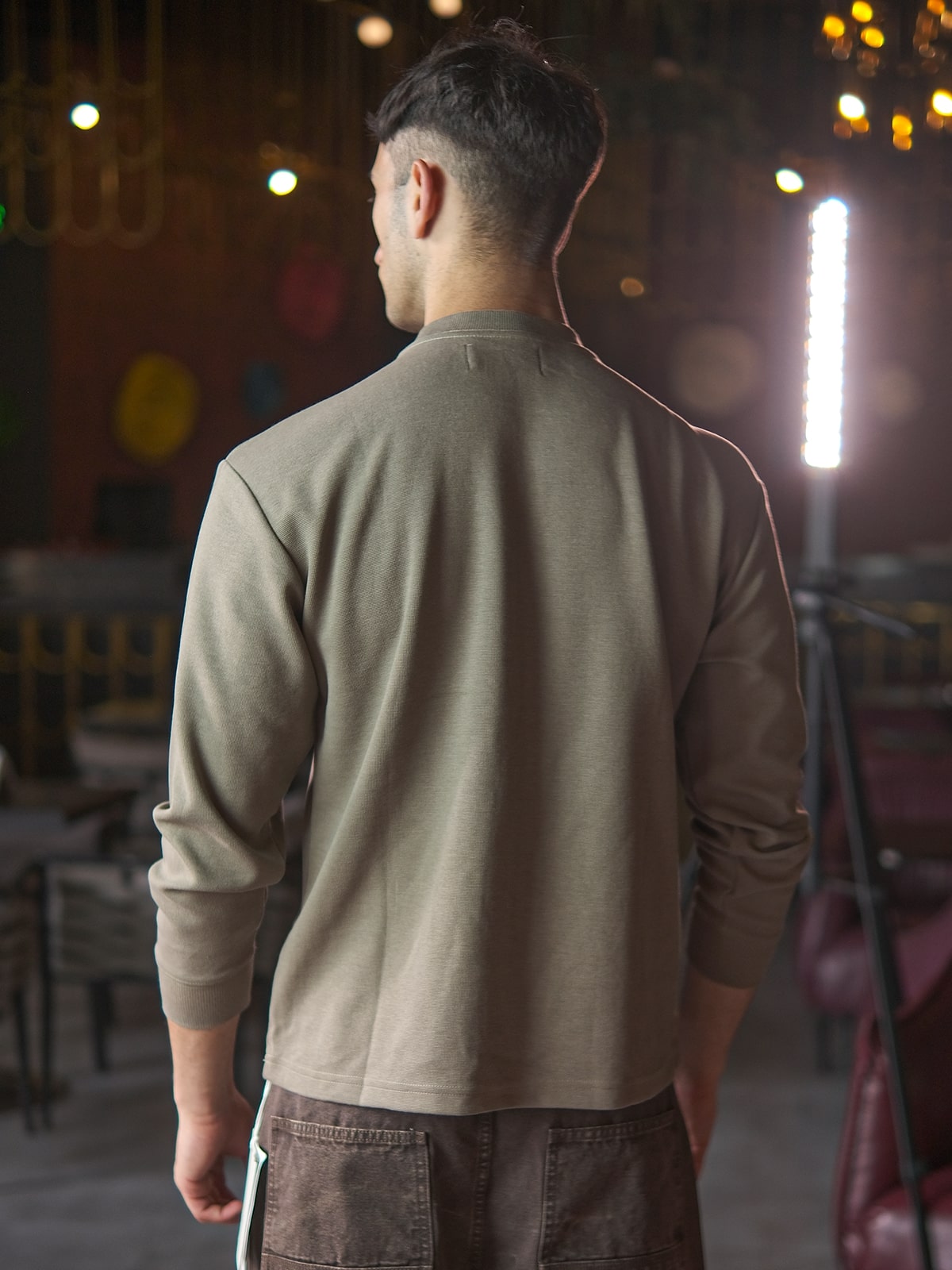 Olive Green Cotton Rib Patterned Sweatshirt For Men