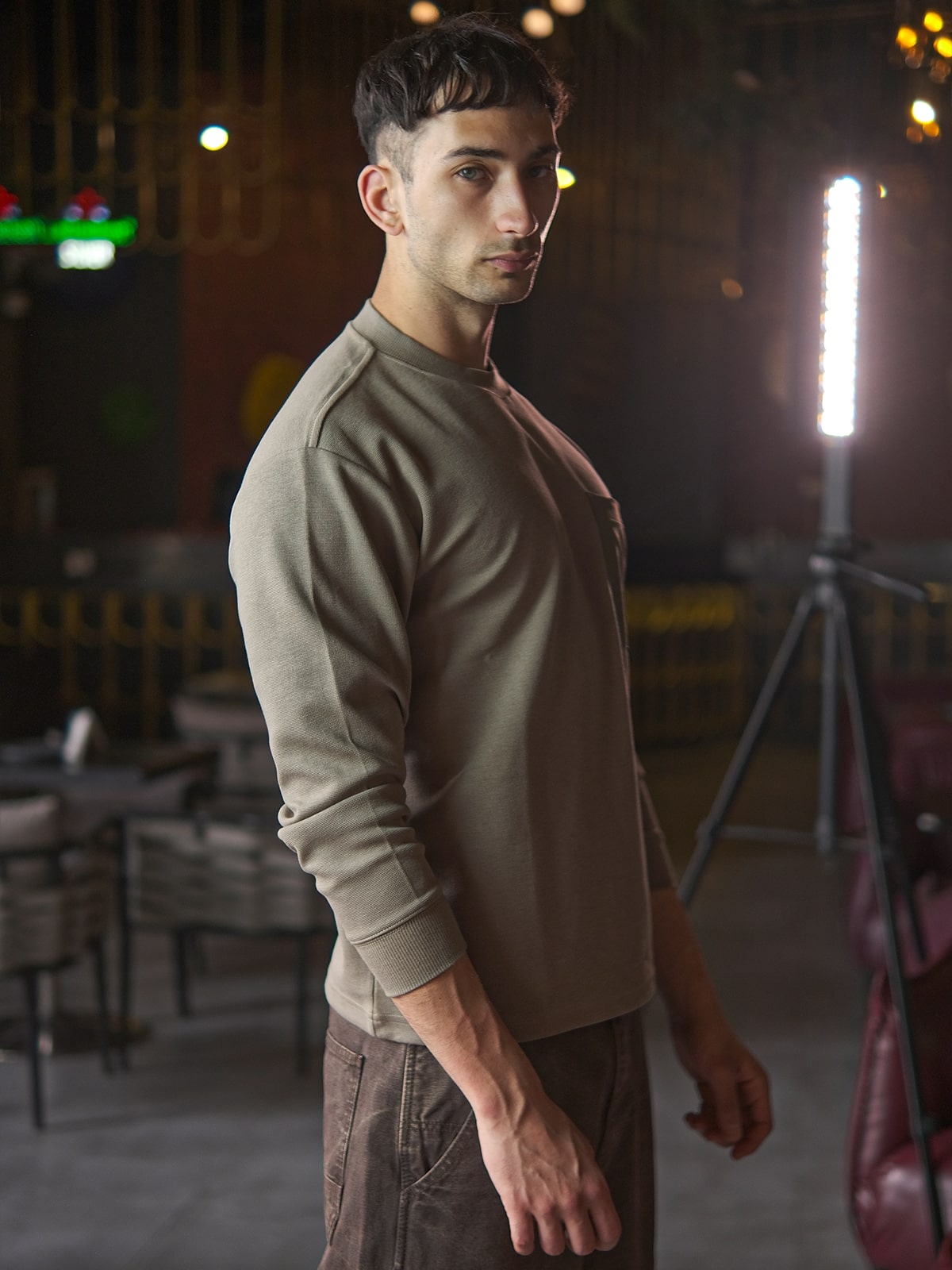 Olive Green Cotton Rib Patterned Sweatshirt For Men