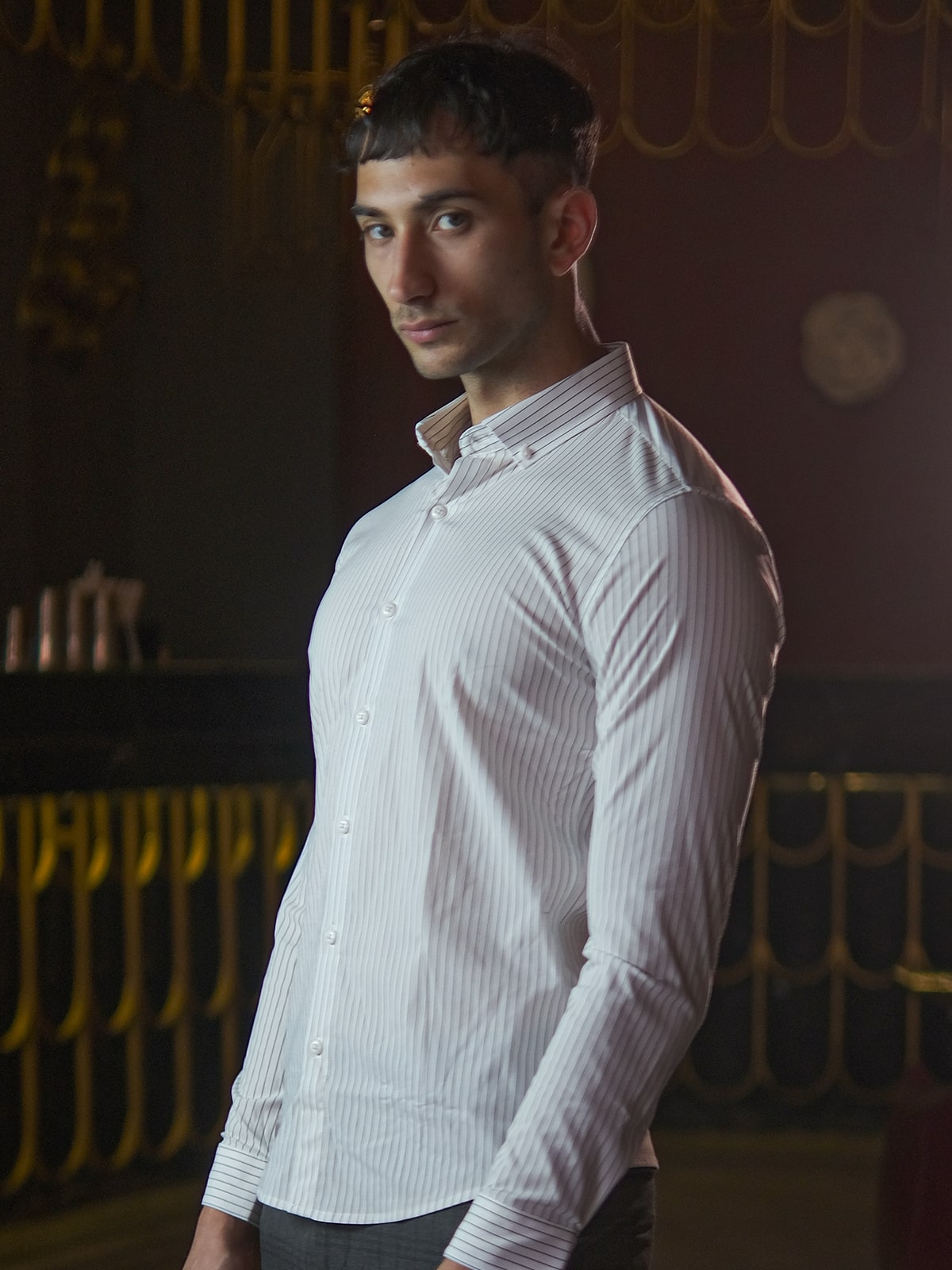White Cotton Lycra Stripes Shirt For Men