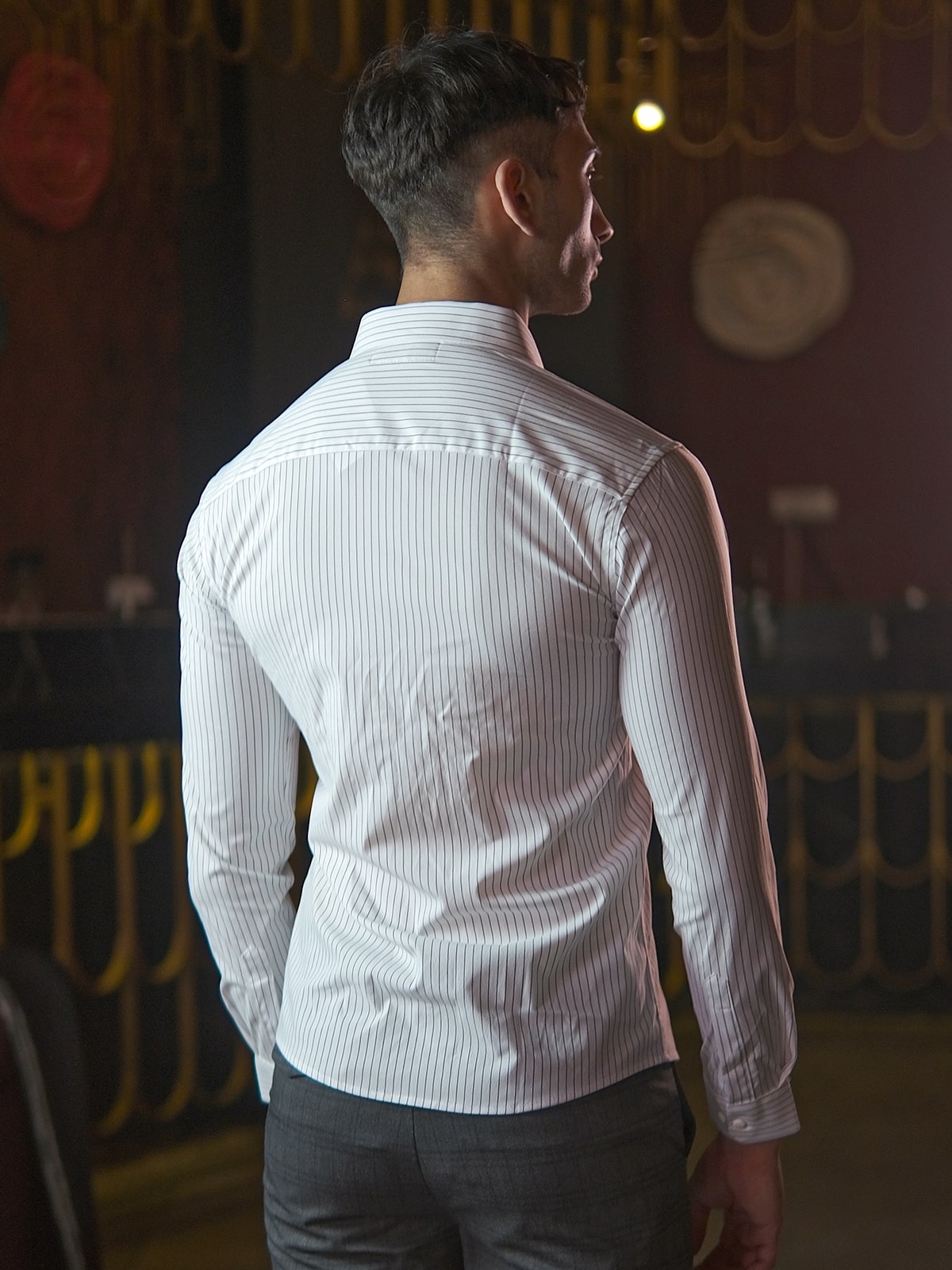 White Cotton Lycra Stripes Shirt For Men
