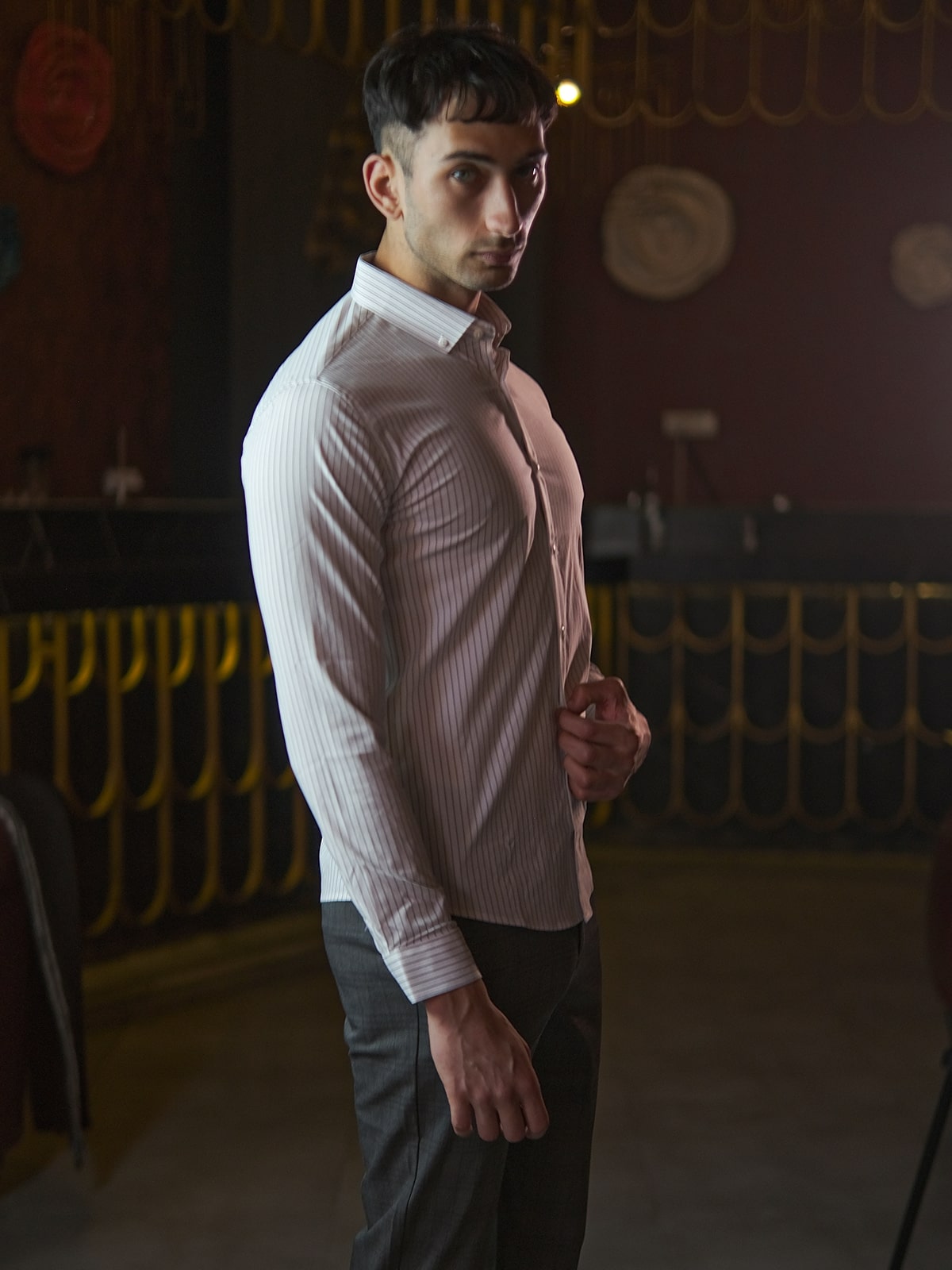 White Cotton Lycra Stripes Shirt For Men