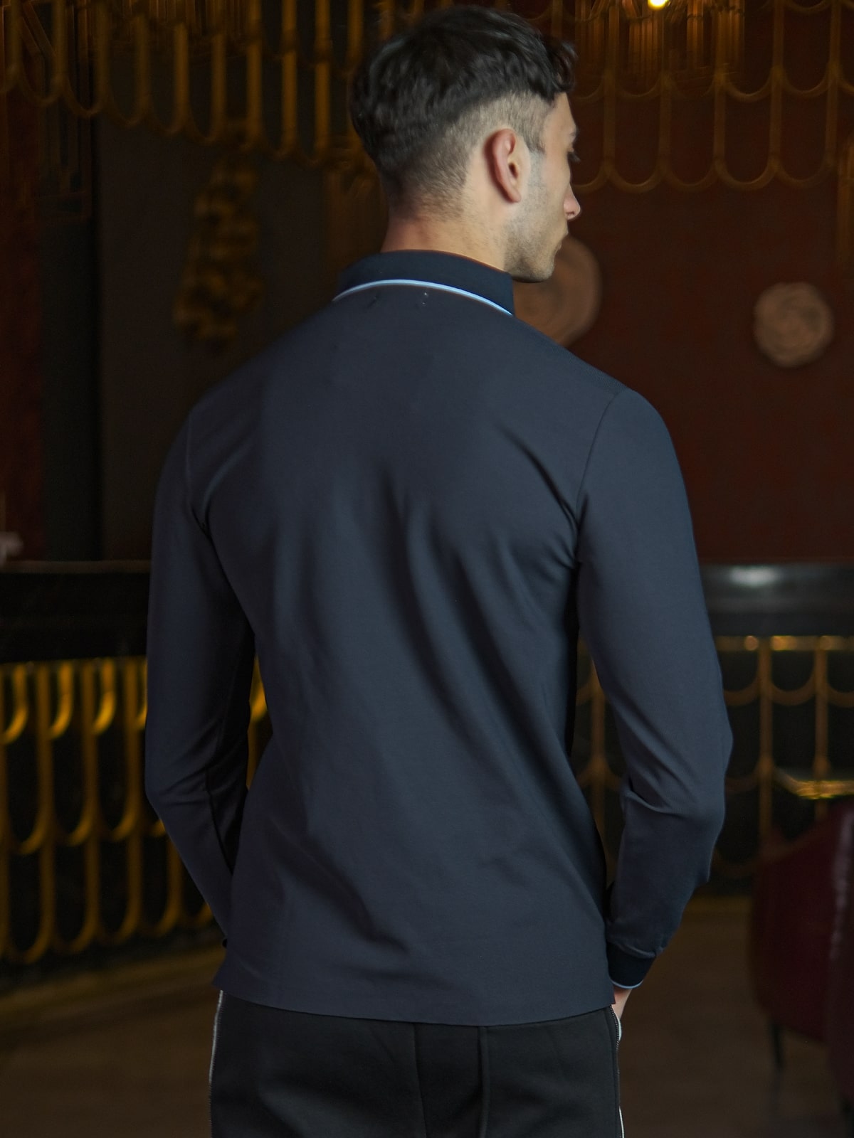 Navy Blue Polyester Rib Lycra Solid T-Shirt For Men