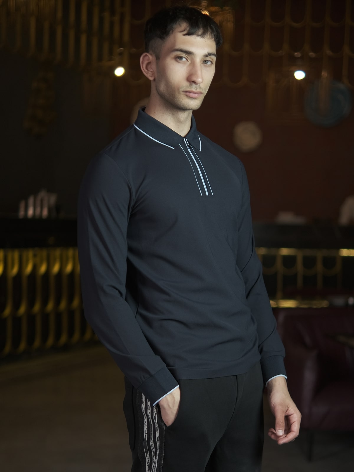 Navy Blue Polyester Rib Lycra Solid T-Shirt For Men