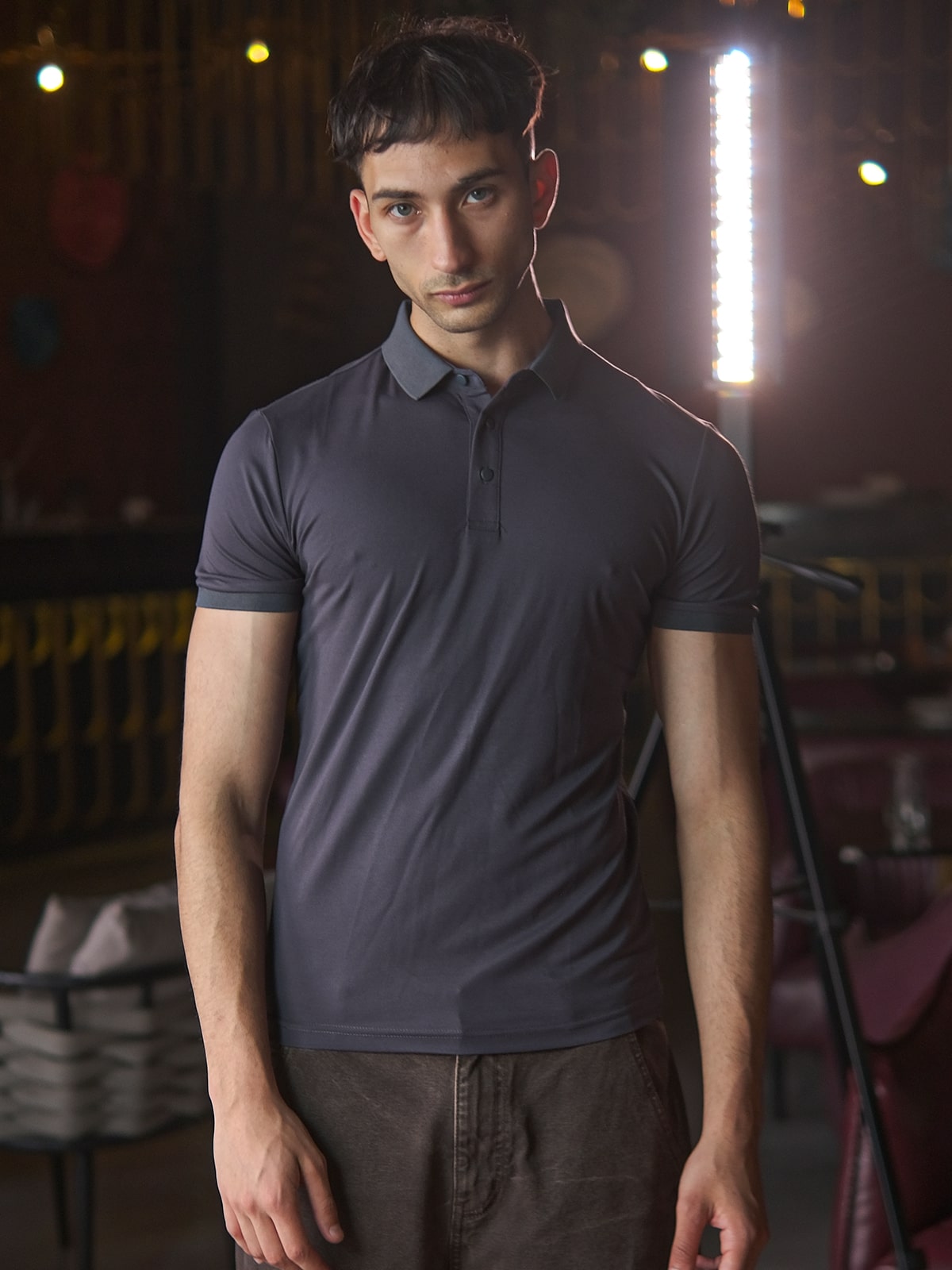 Grey Polyester Lycra Solid T-Shirt For Men