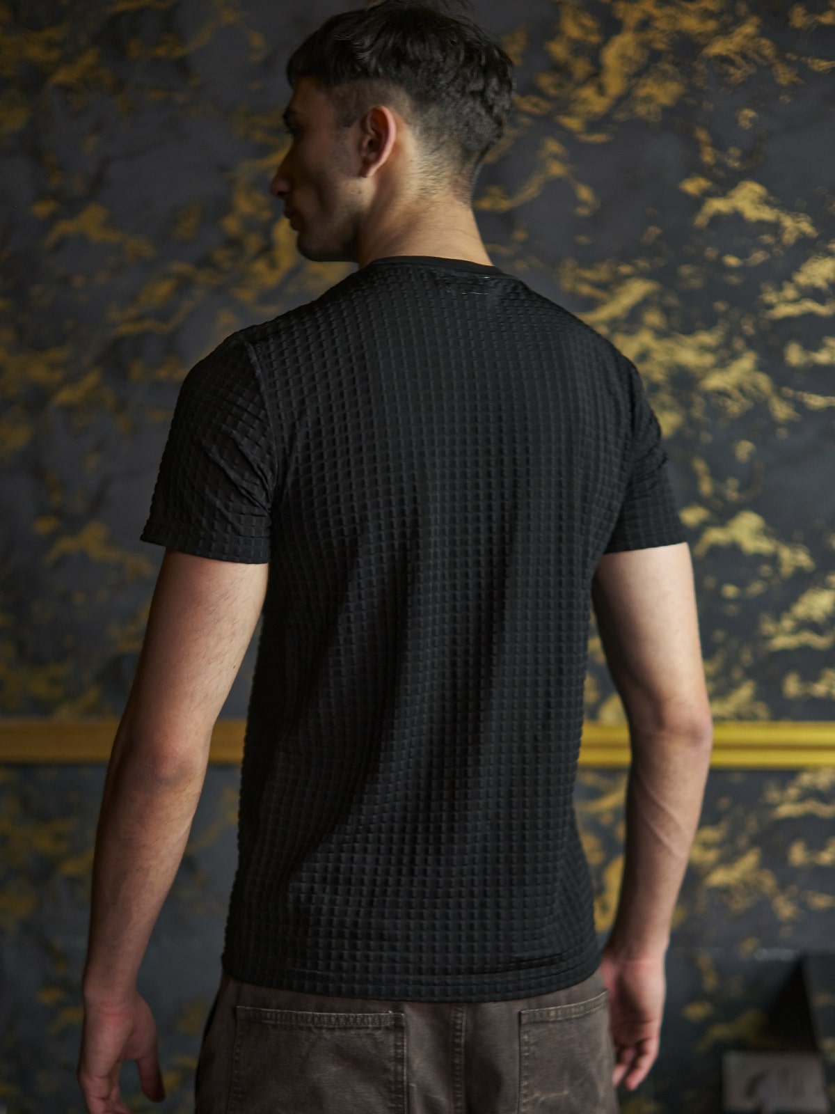 Black Polyester Lycra Crinkled T-Shirt For Men