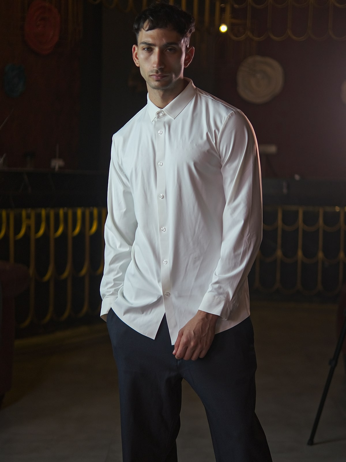 White Polyester Lycra Solid Shirt For Men