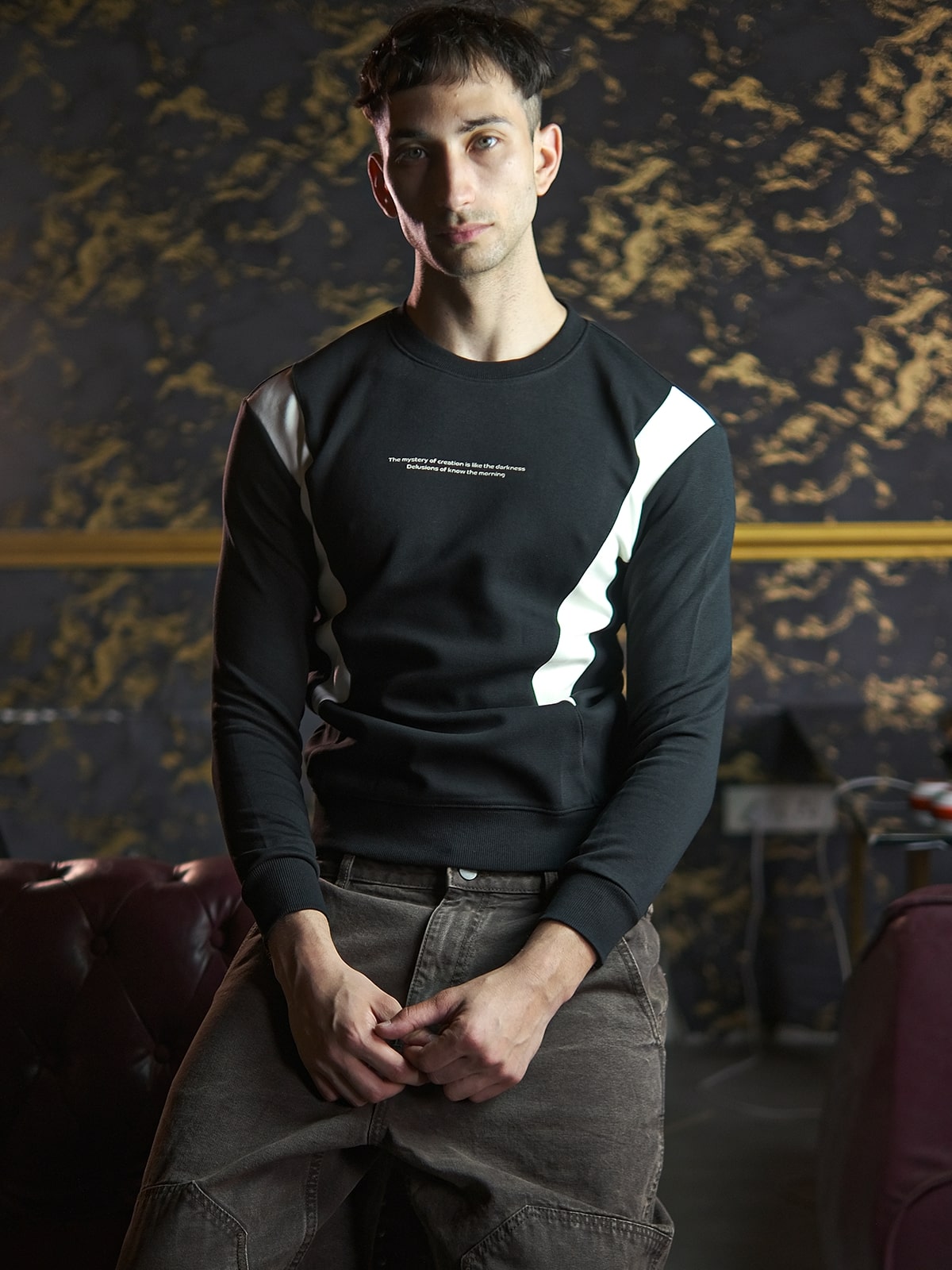 Black Cotton Jersey Patterned Sweatshirt For Men