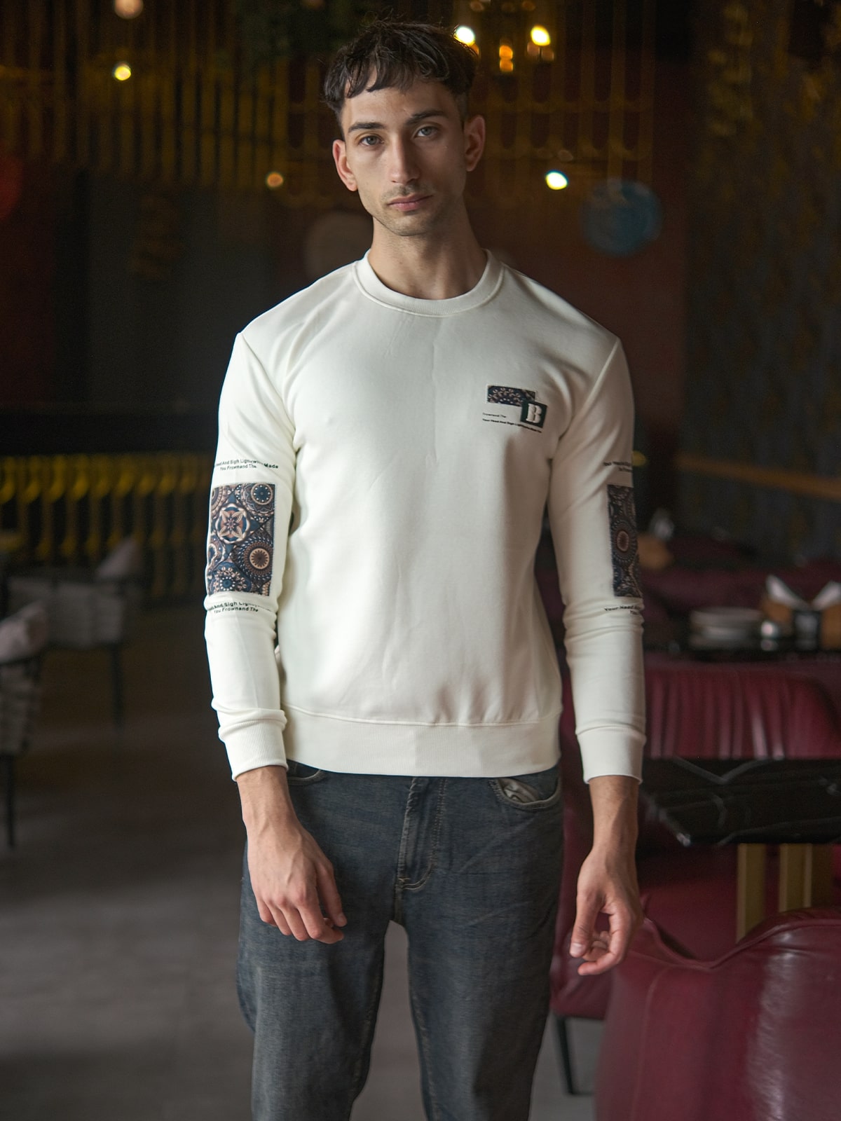 Off White Cotton Rib Jersey Patterned Sweatshirt For Men