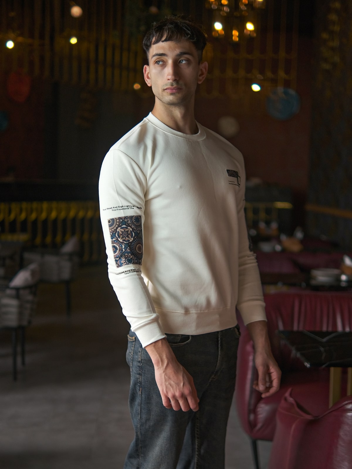 Off White Cotton Rib Jersey Patterned Sweatshirt For Men