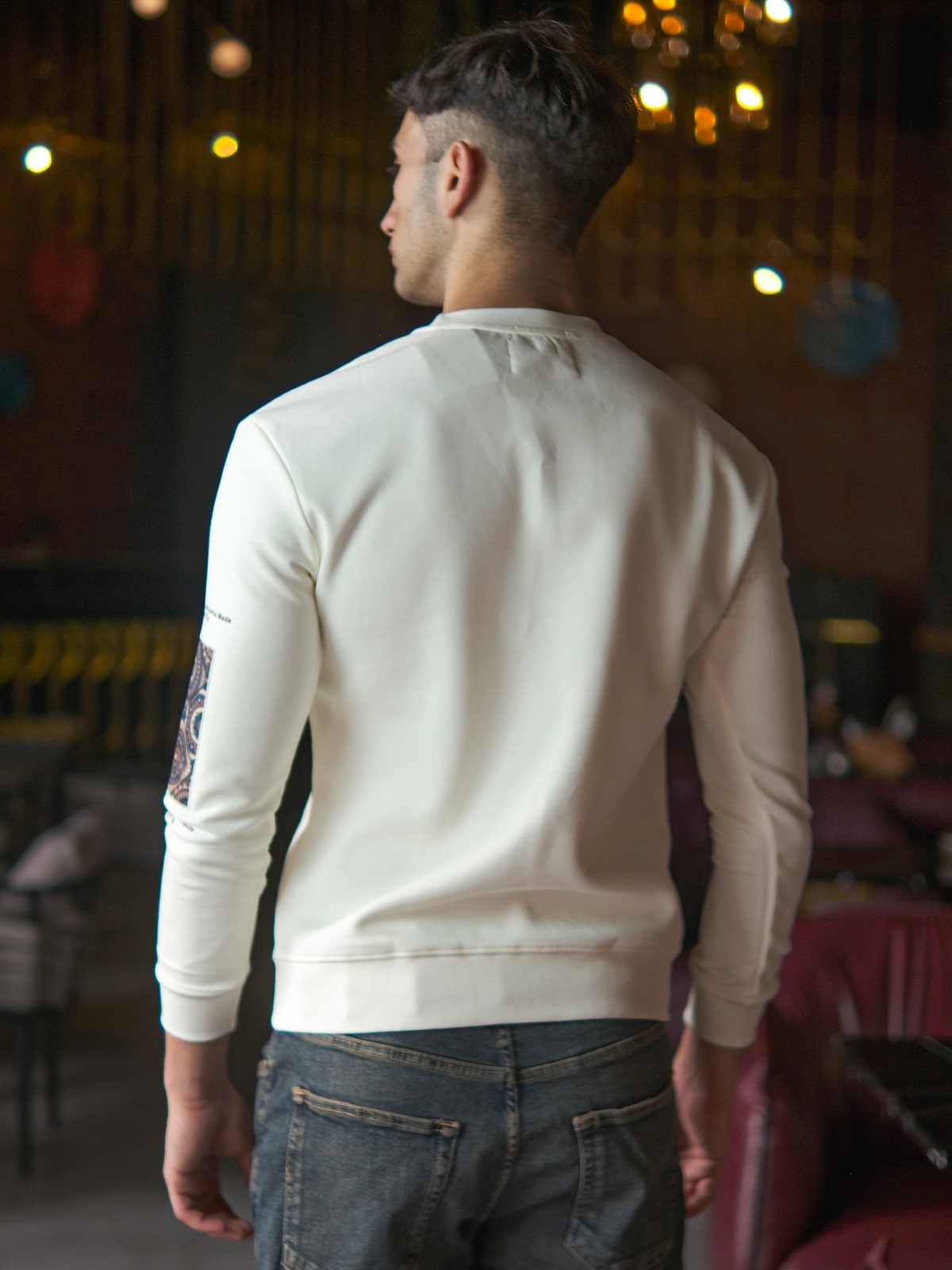 Off White Cotton Rib Jersey Patterned Sweatshirt For Men