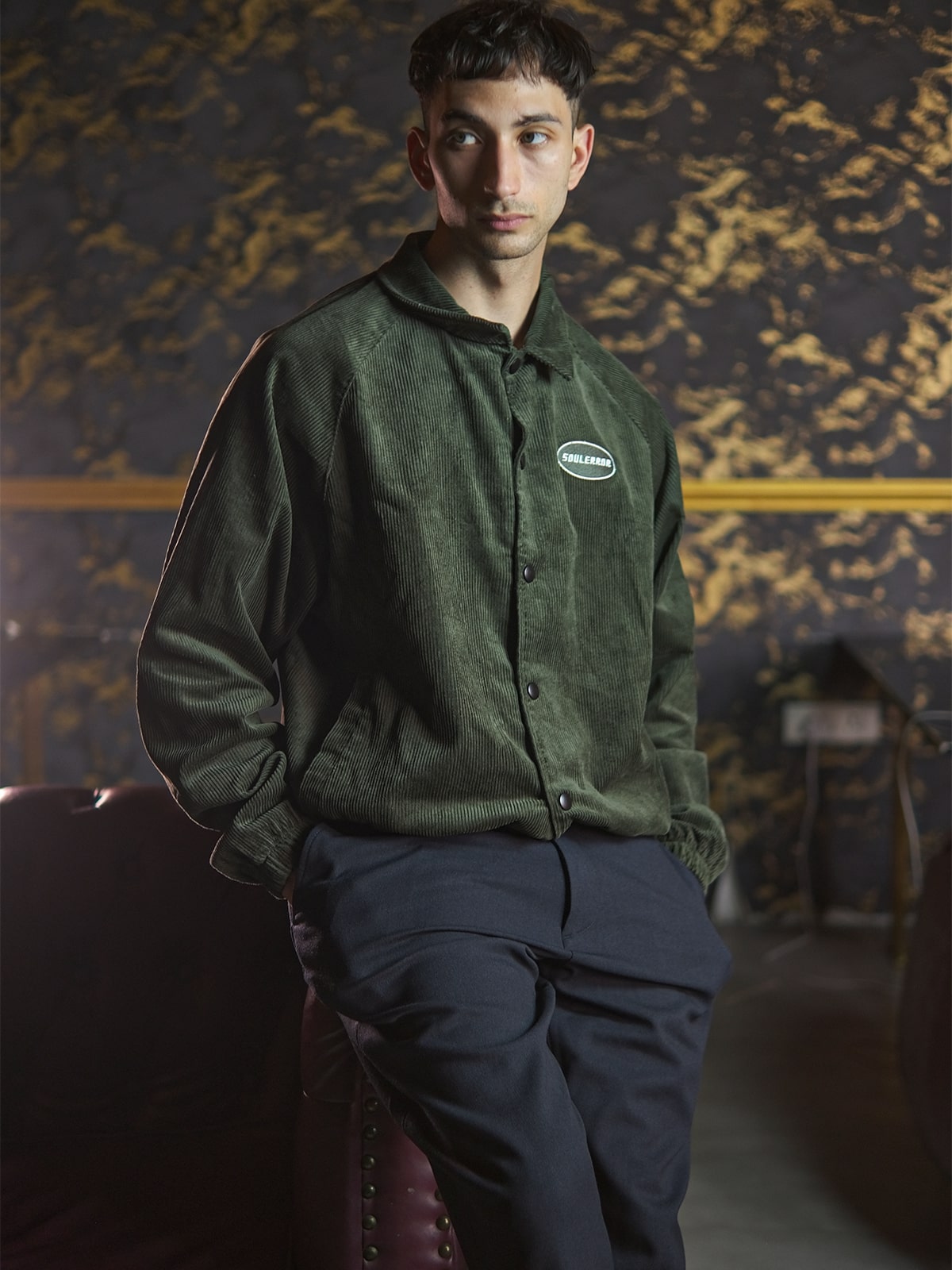 Green Corduroy Solid Jacket For Men