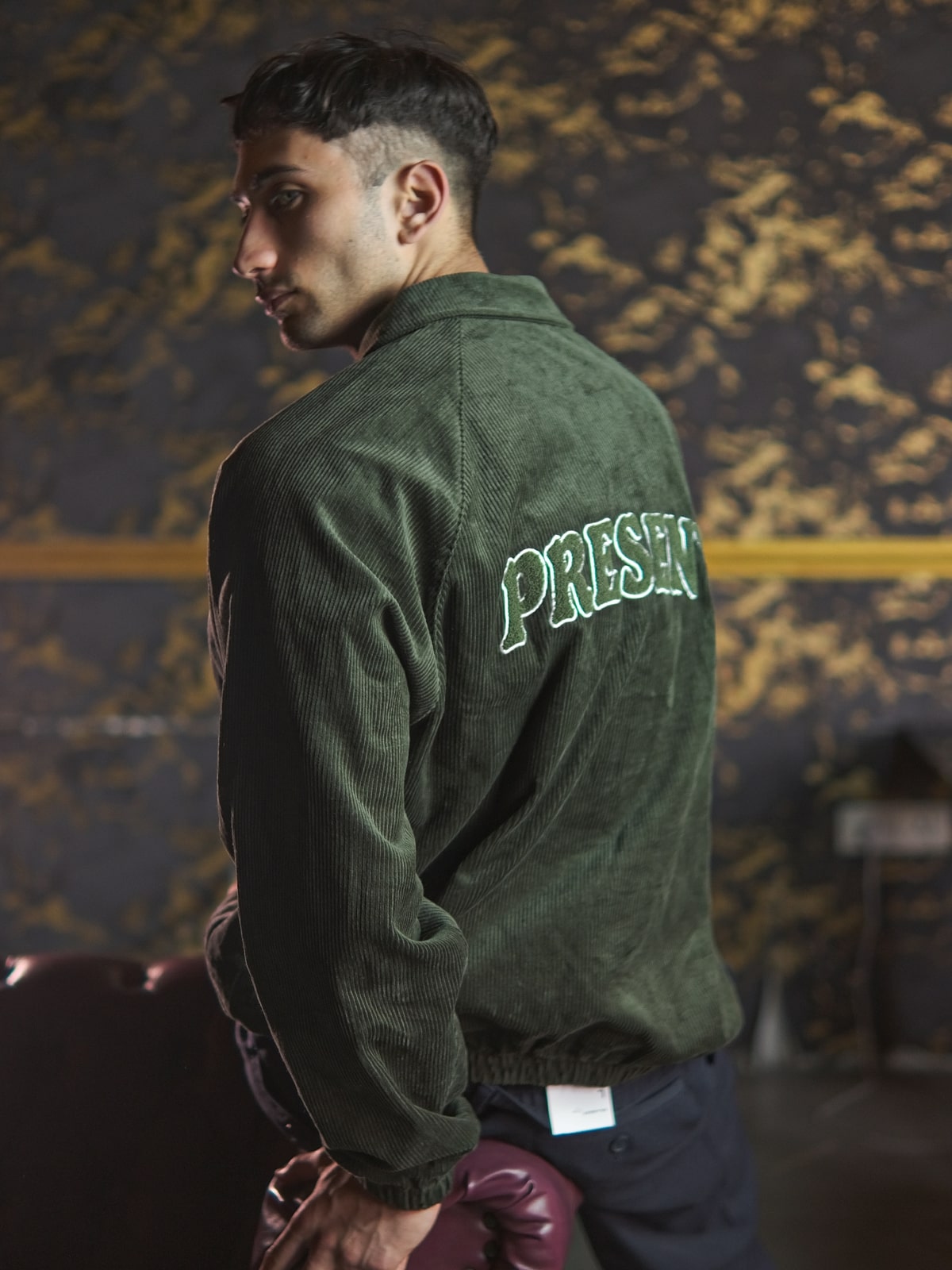 Green Corduroy Solid Jacket For Men