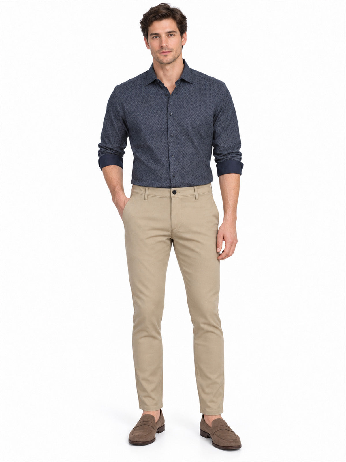 Beige Cotton Blend Solid Trouser