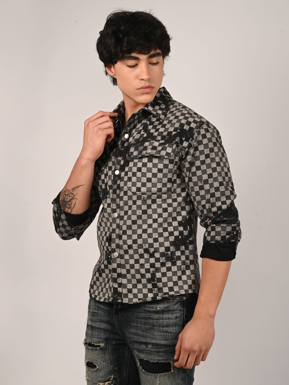 Franco Black And Grey Denim Checked Shirts For Men