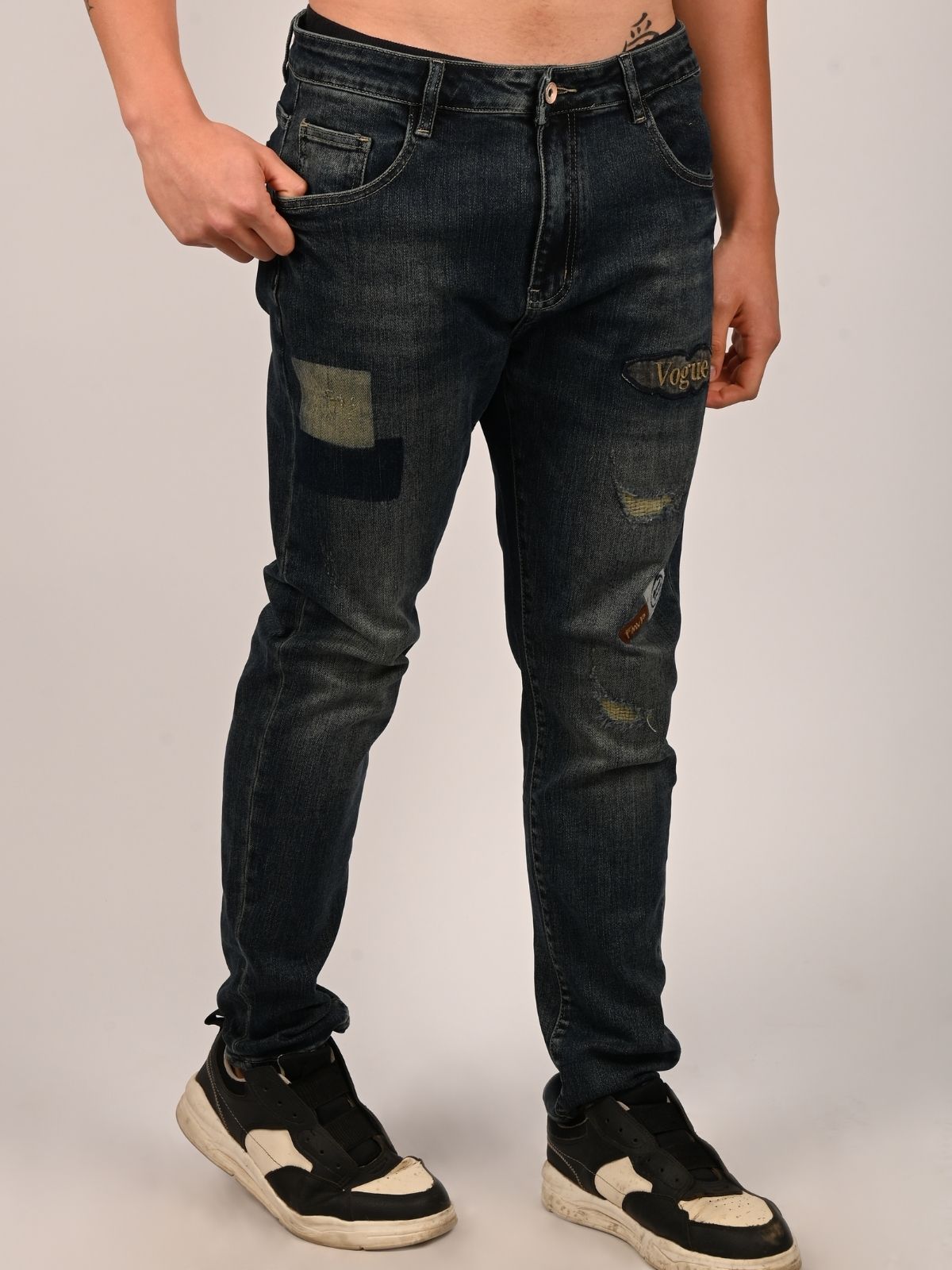 Franco Navy Blue Denim Self Design Ripped Trouser For Men