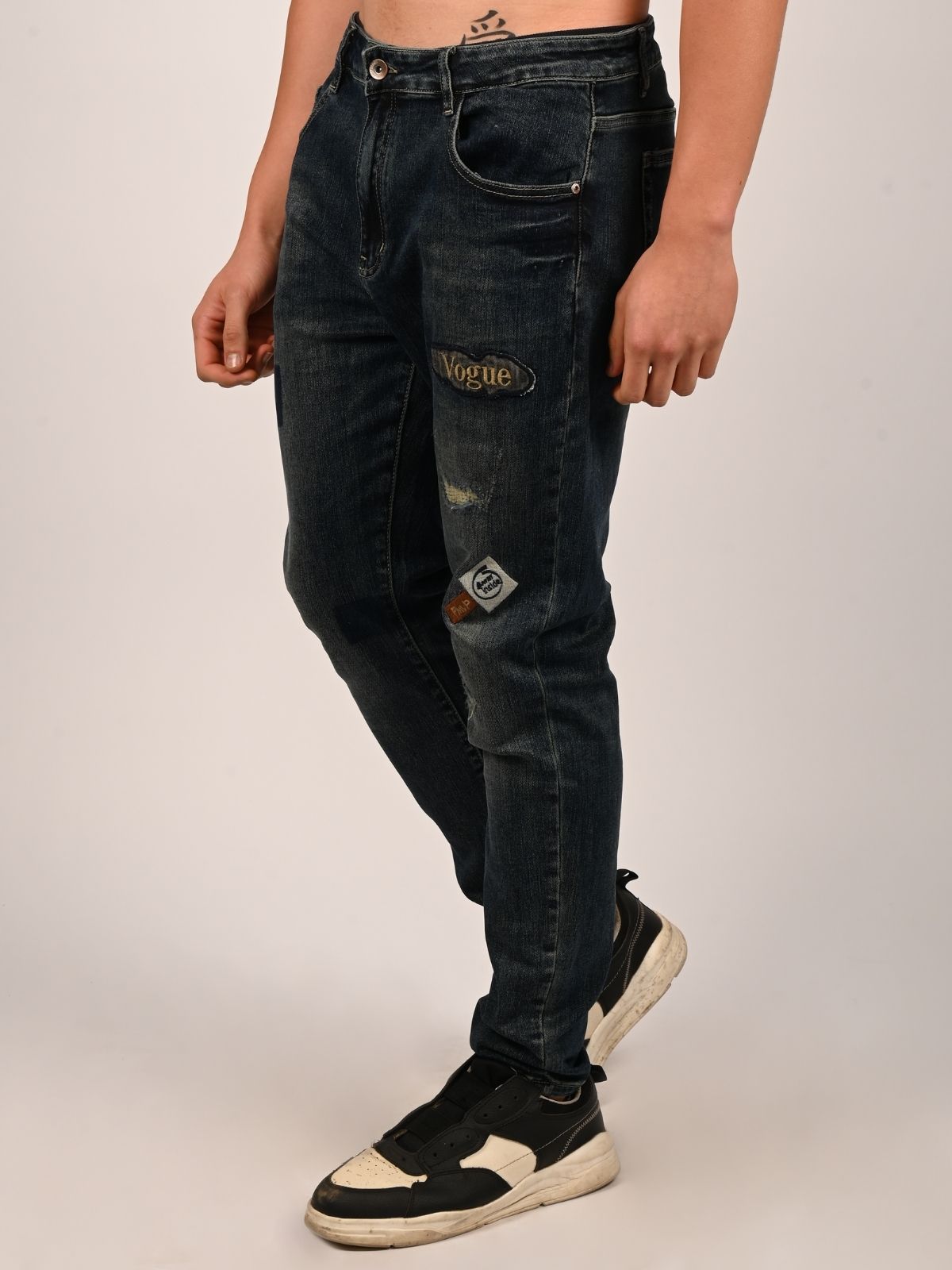 Franco Navy Blue Denim Self Design Ripped Trouser For Men