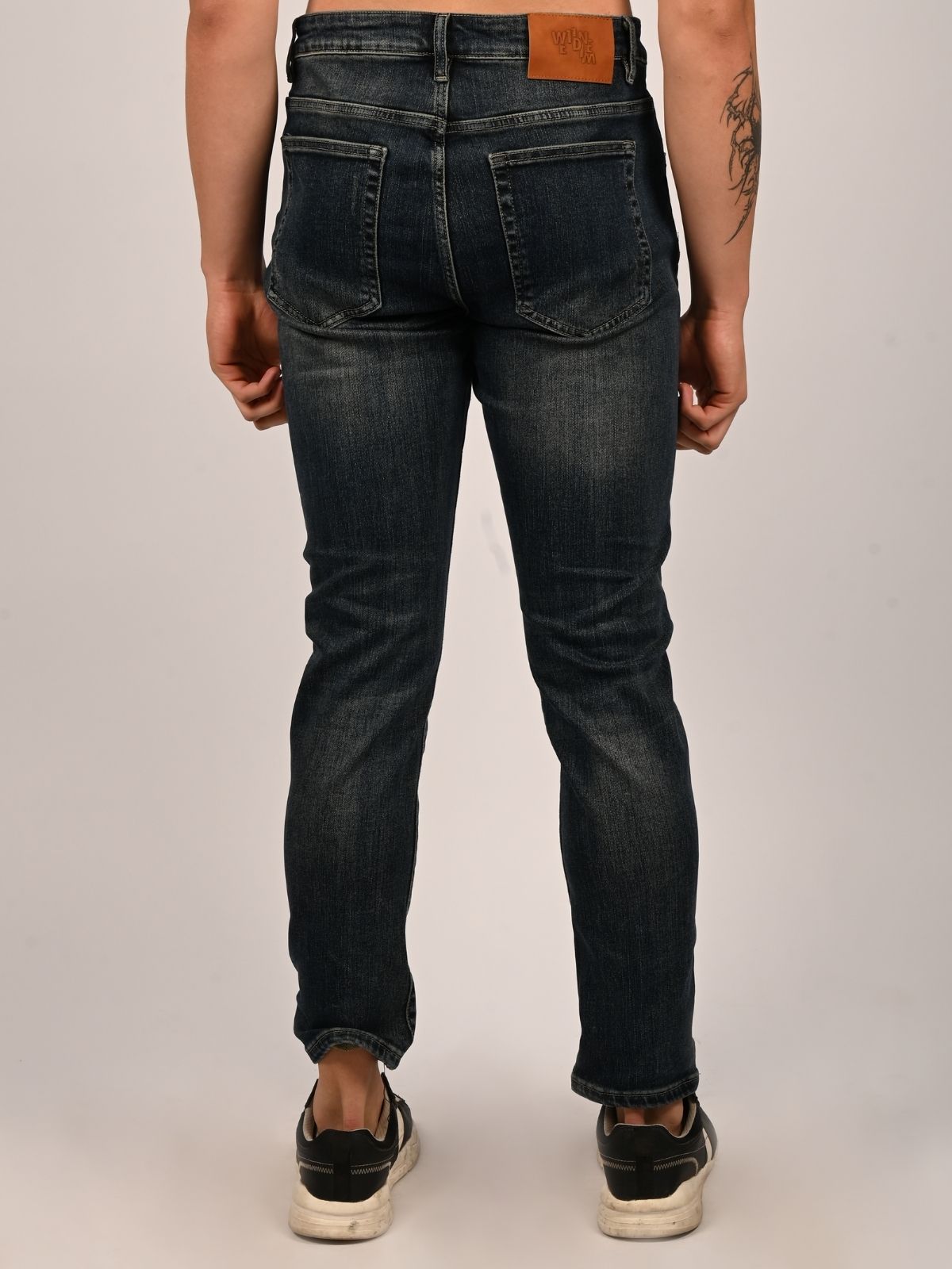 Franco Navy Blue Denim Self Design Ripped Trouser For Men