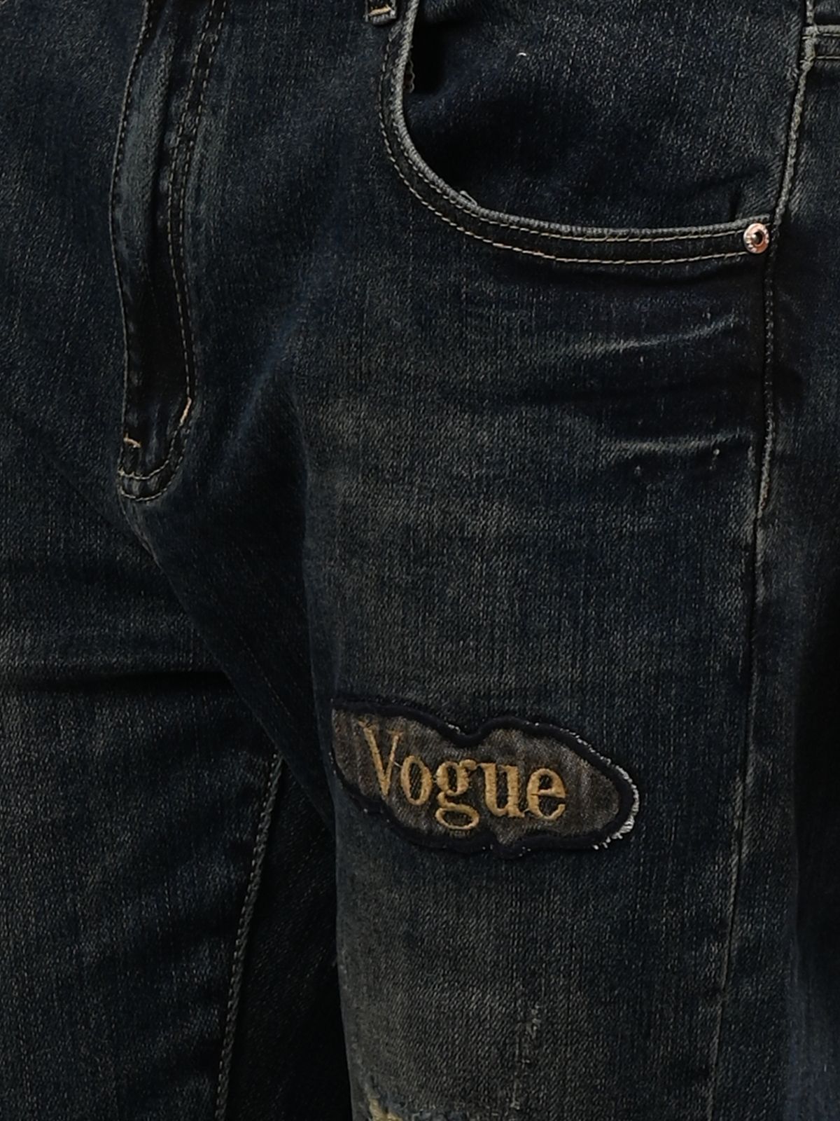 Franco Navy Blue Denim Self Design Ripped Trouser For Men