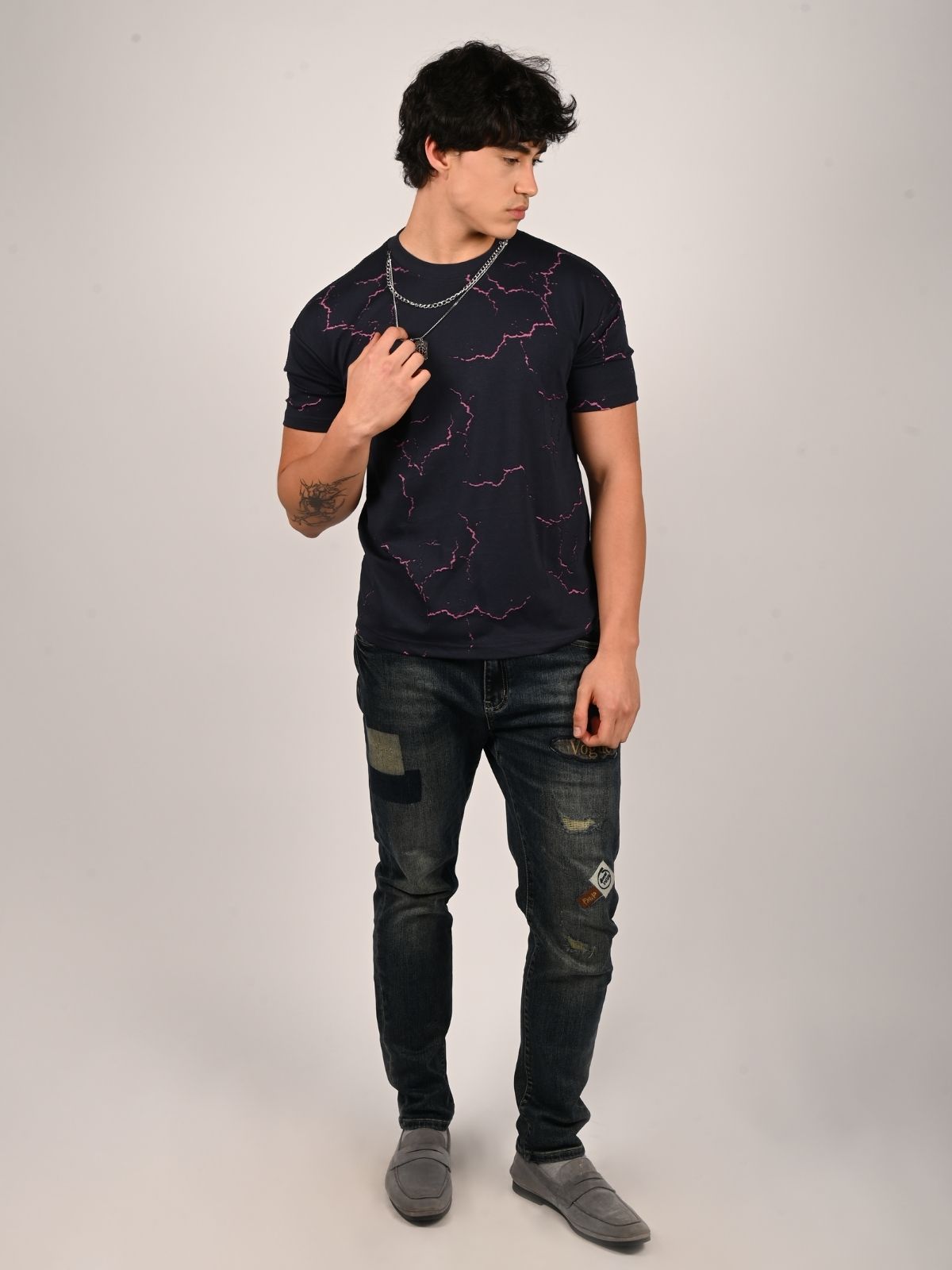 Franco Navy blue Cotton Jersey Self Design T-Shirt For Men