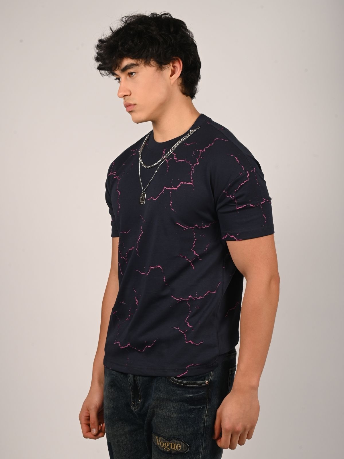 Franco Navy blue Cotton Jersey Self Design T-Shirt For Men