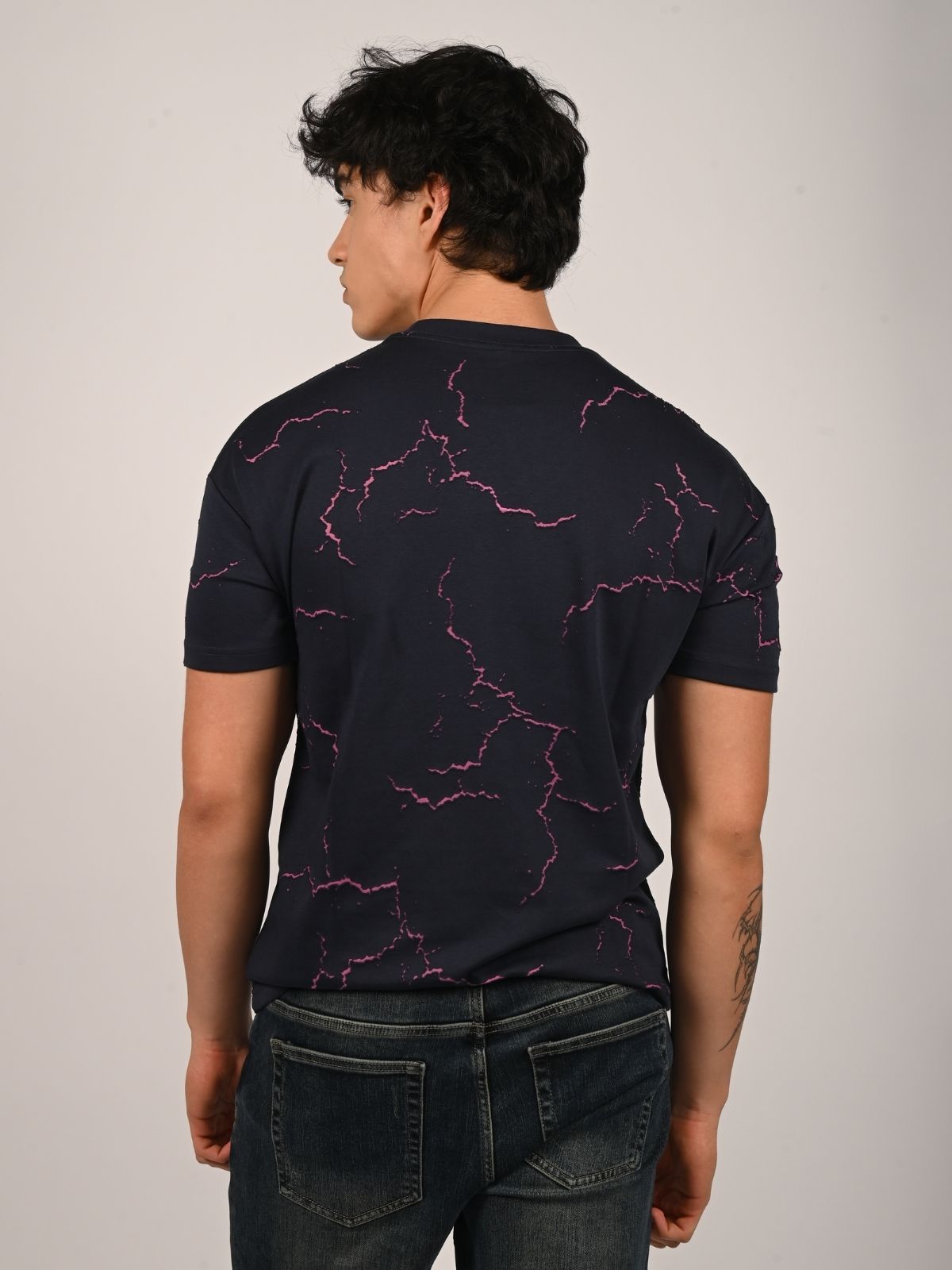 Franco Navy blue Cotton Jersey Self Design T-Shirt For Men