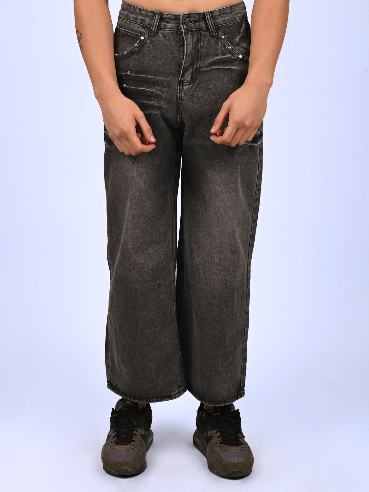 Franco Grey Denim Metallic Design Faded Trouser For Men