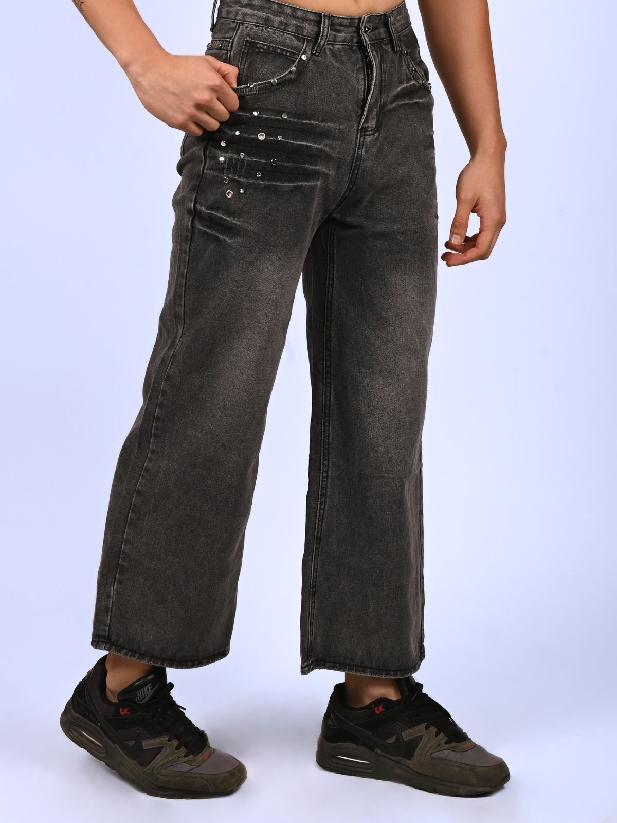 Franco Grey Denim Metallic Design Faded Trouser For Men