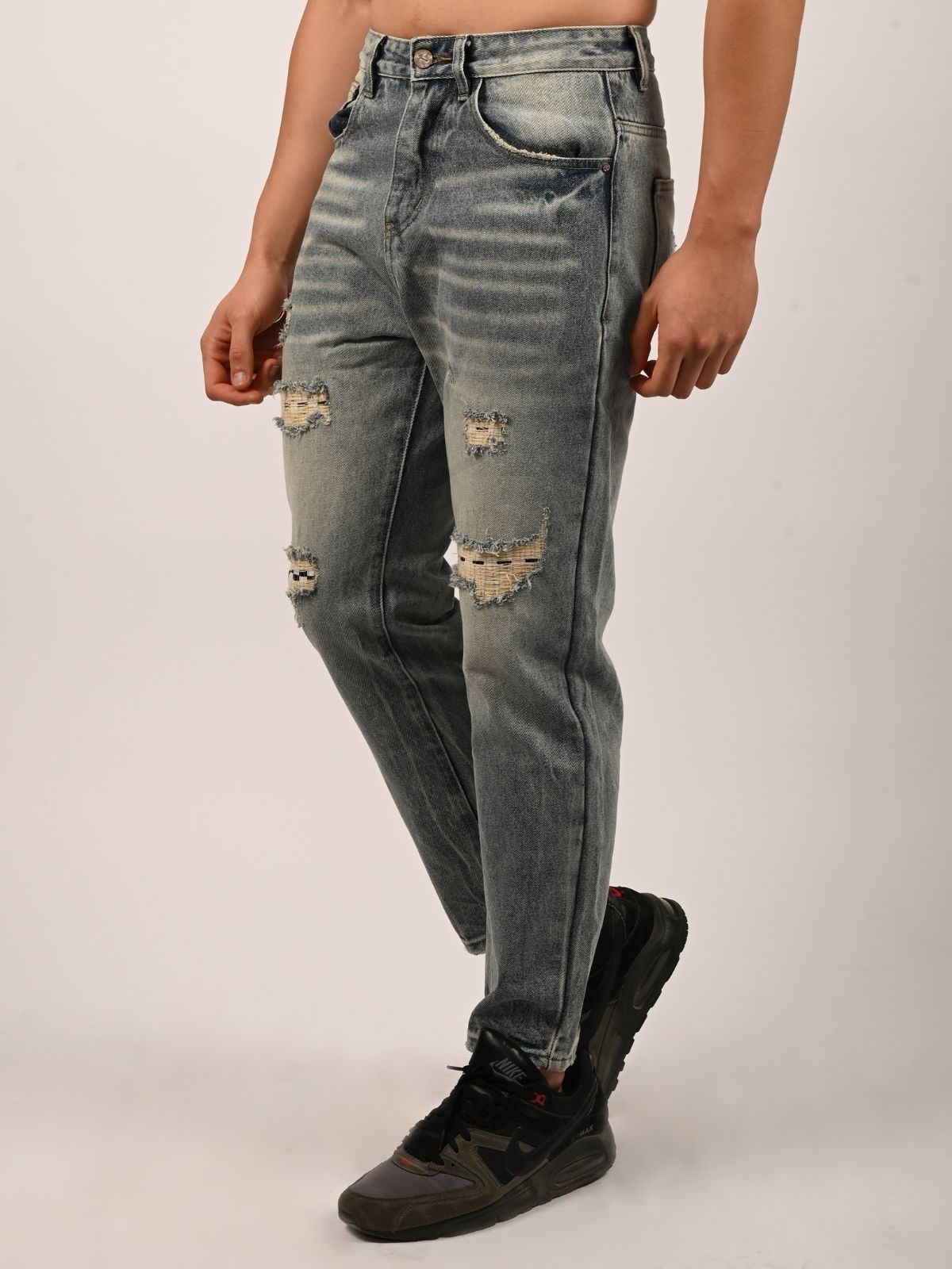 Franco Light Blue Denim Solid Ripped Trouser For Men