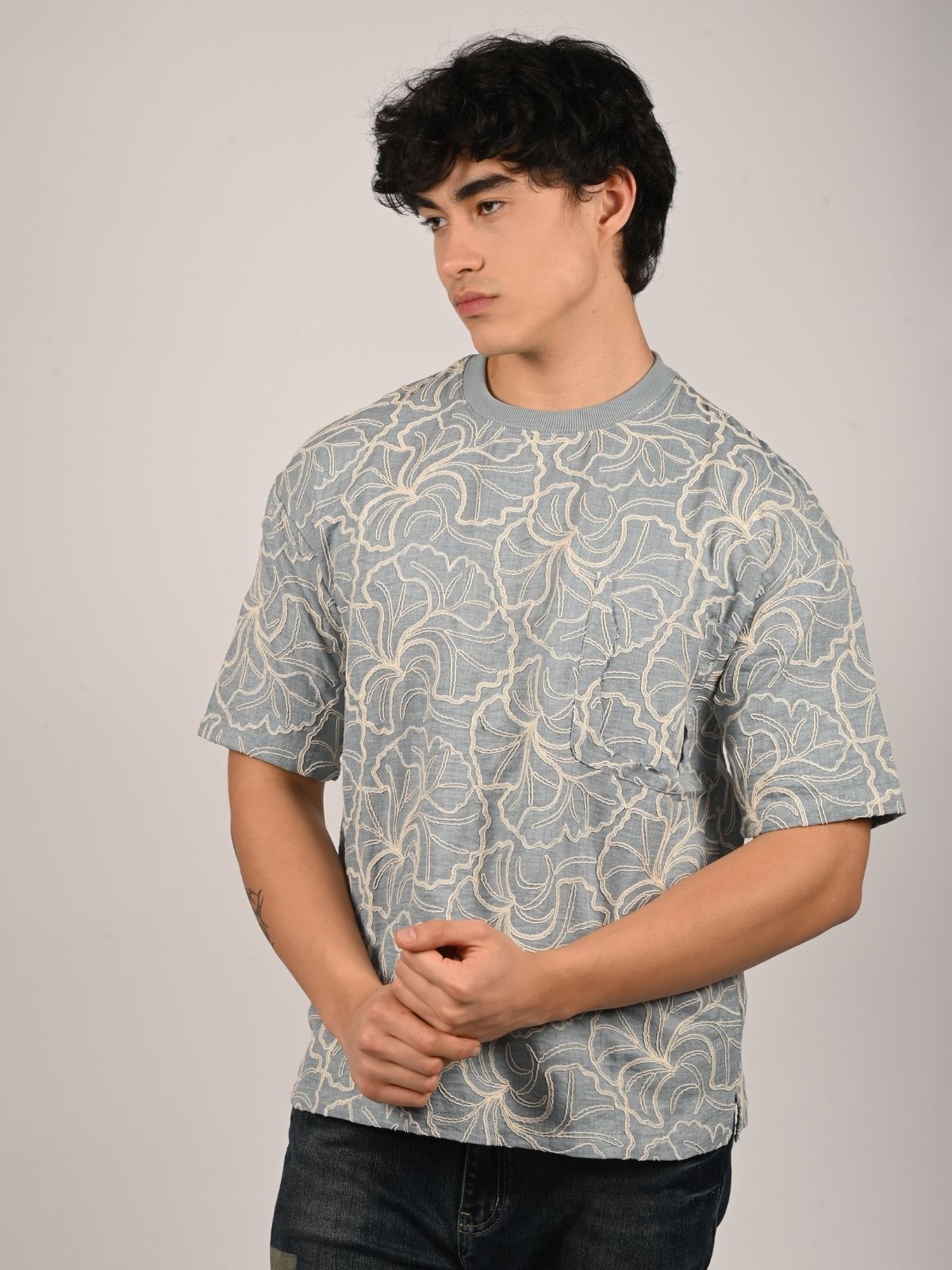 Franco Blue Cotton Chambray Solid T-Shirt For Men