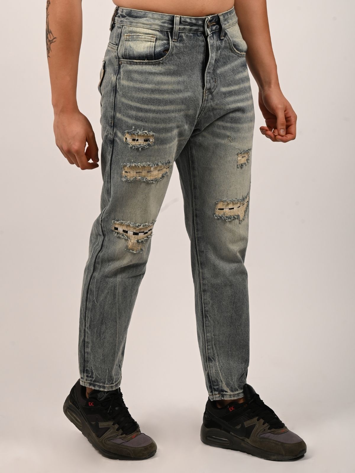 Franco Light Blue Denim Solid Ripped Trouser For Men