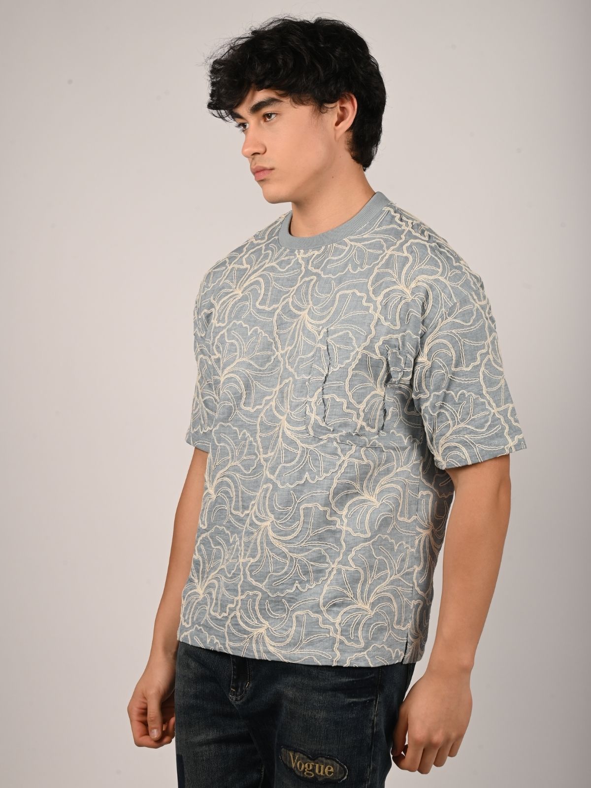 Franco Blue Cotton Chambray Solid T-Shirt For Men