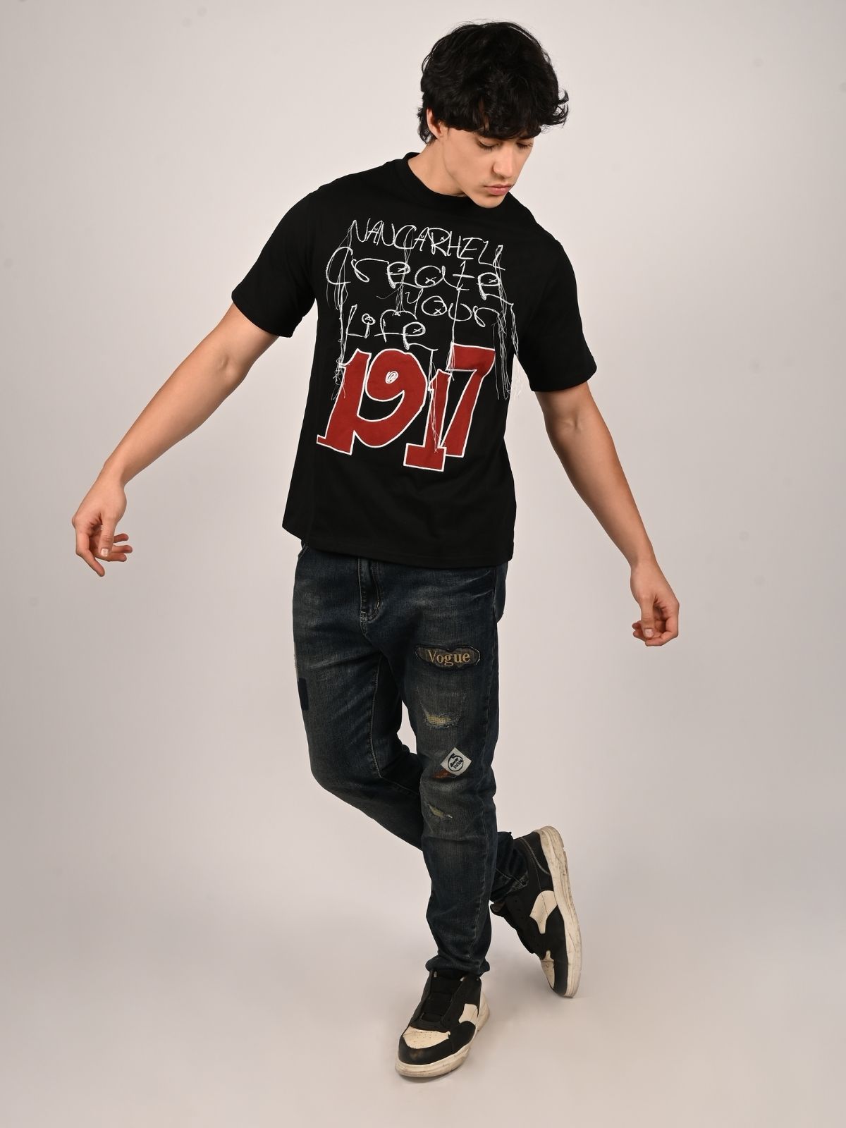 Franco Black Cotton Jersey Printed T-Shirt For Men