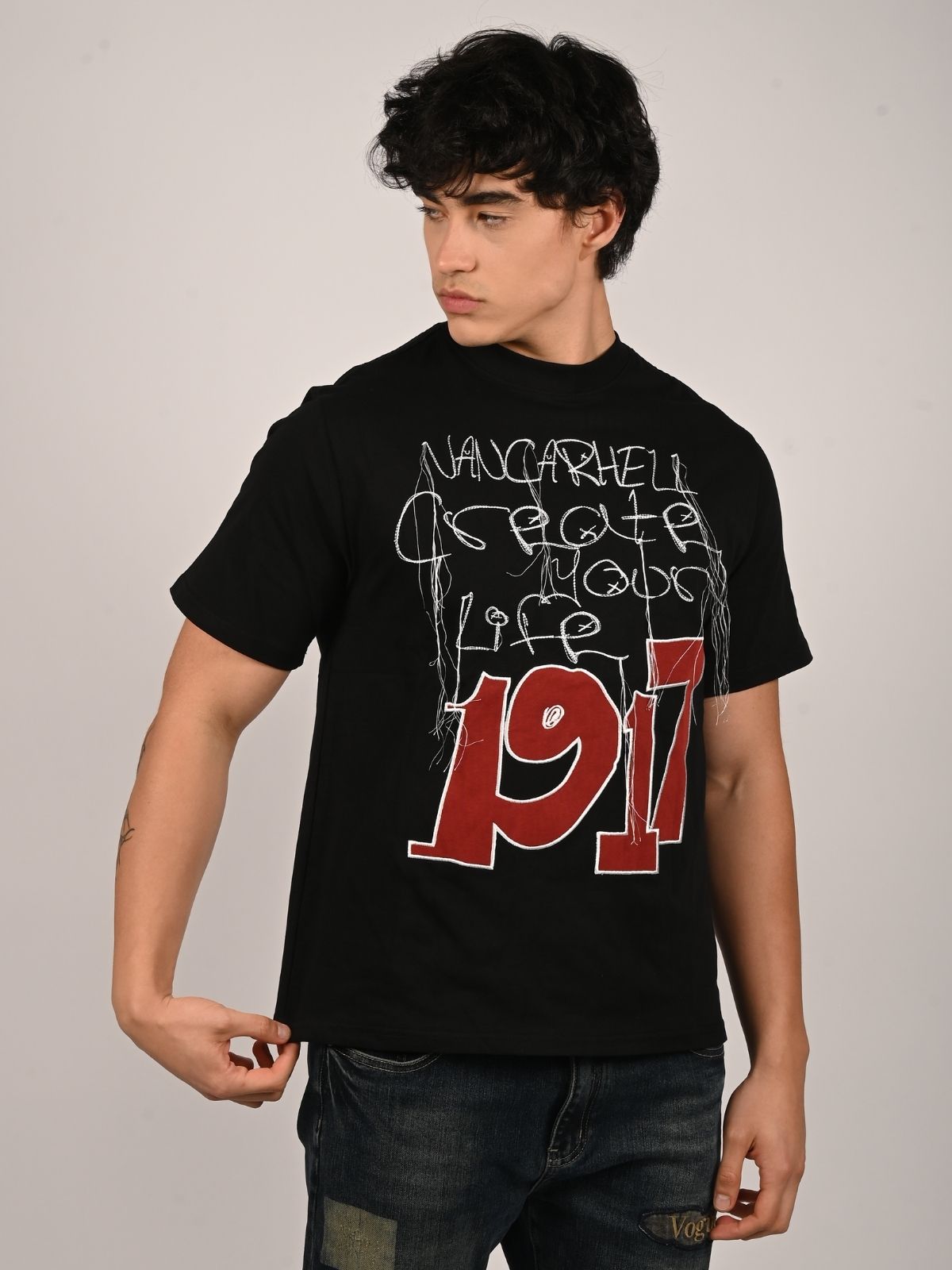 Franco Black Cotton Jersey Printed T-Shirt For Men