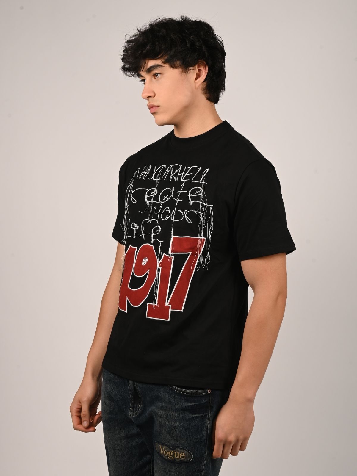 Franco Black Cotton Jersey Printed T-Shirt For Men