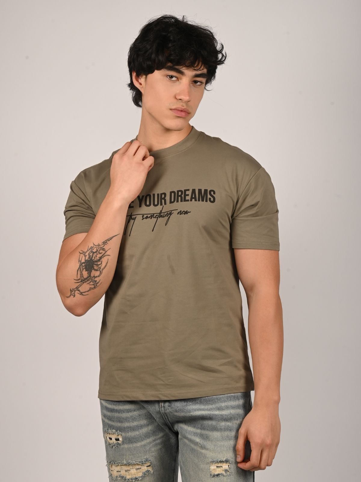 Franco Dark Beige Cotton Jersey Printed T-Shirt For Men