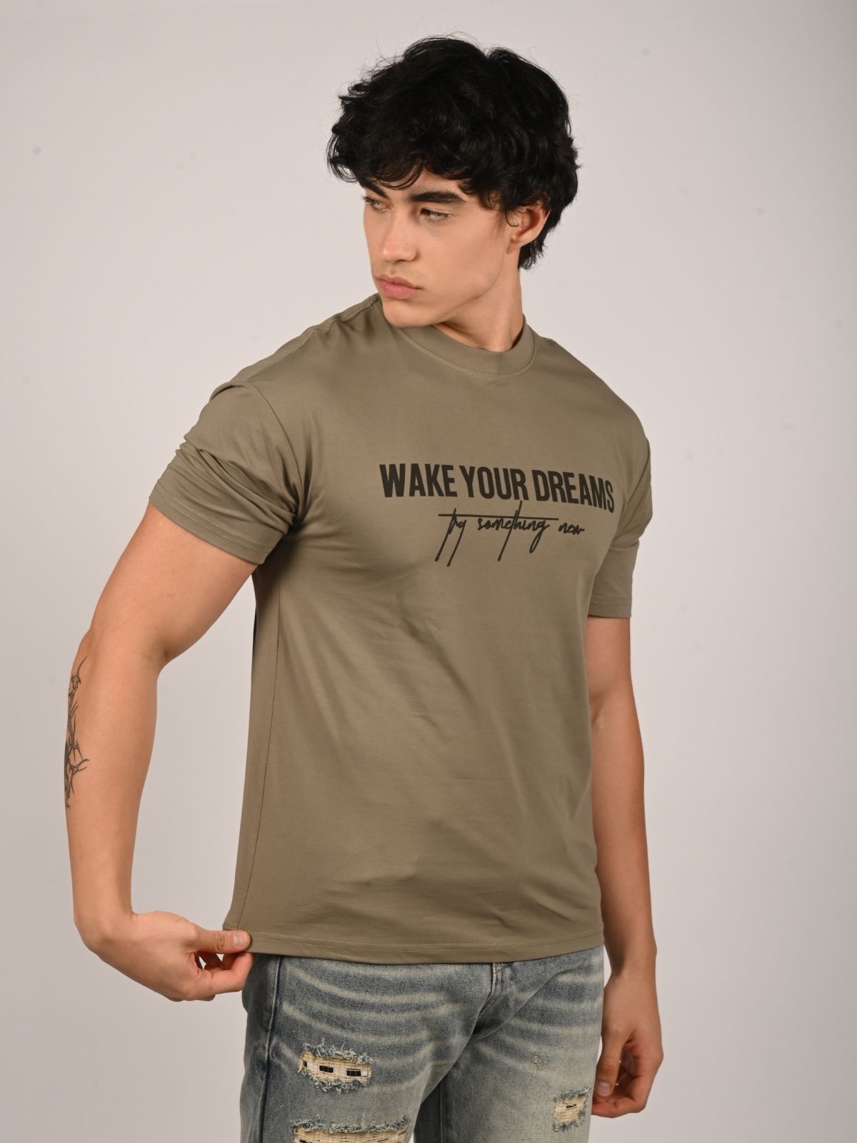 Franco Dark Beige Cotton Jersey Printed T-Shirt For Men