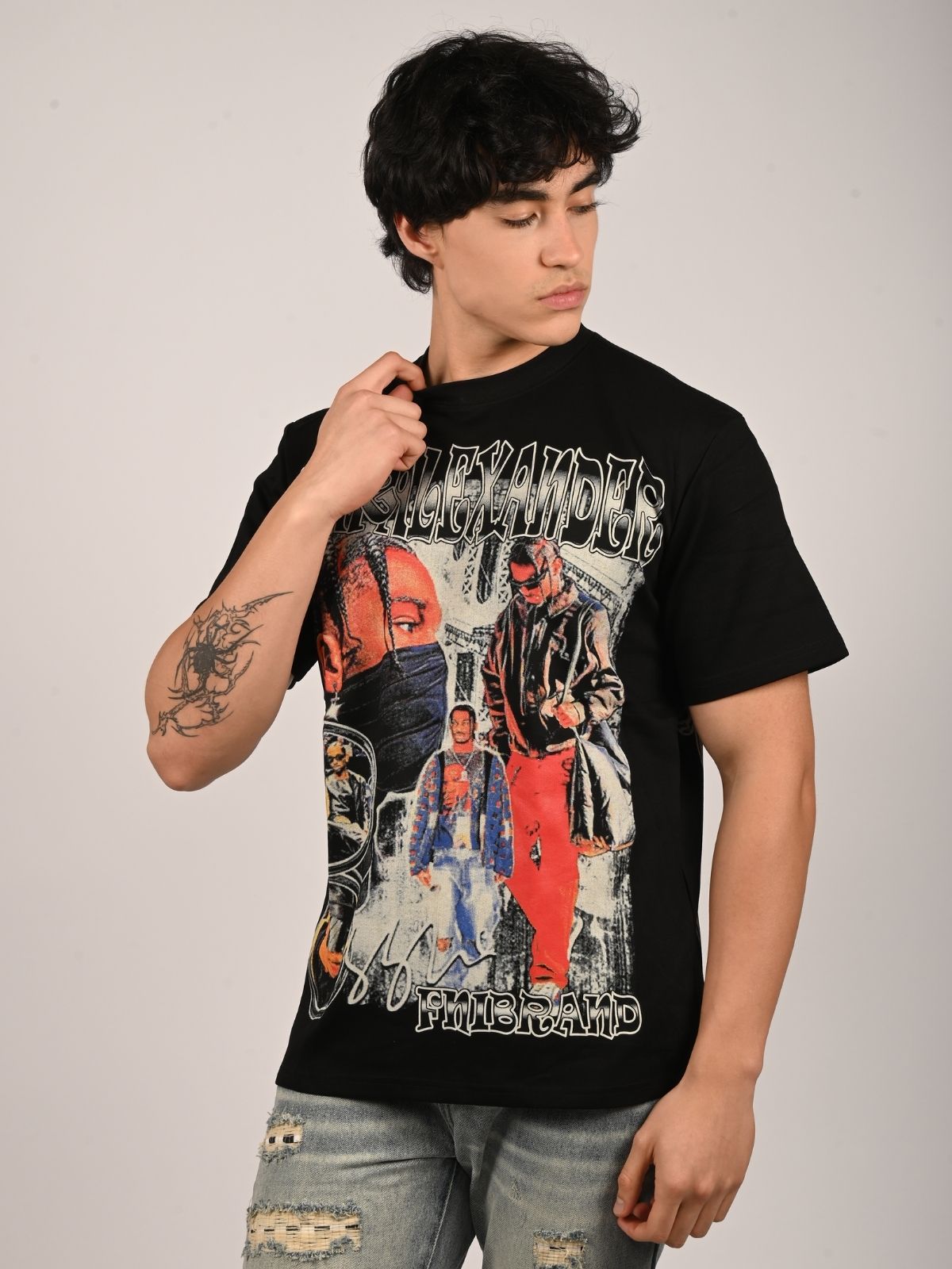 Franco Black Cotton Jersey Printed T-Shirt For Men