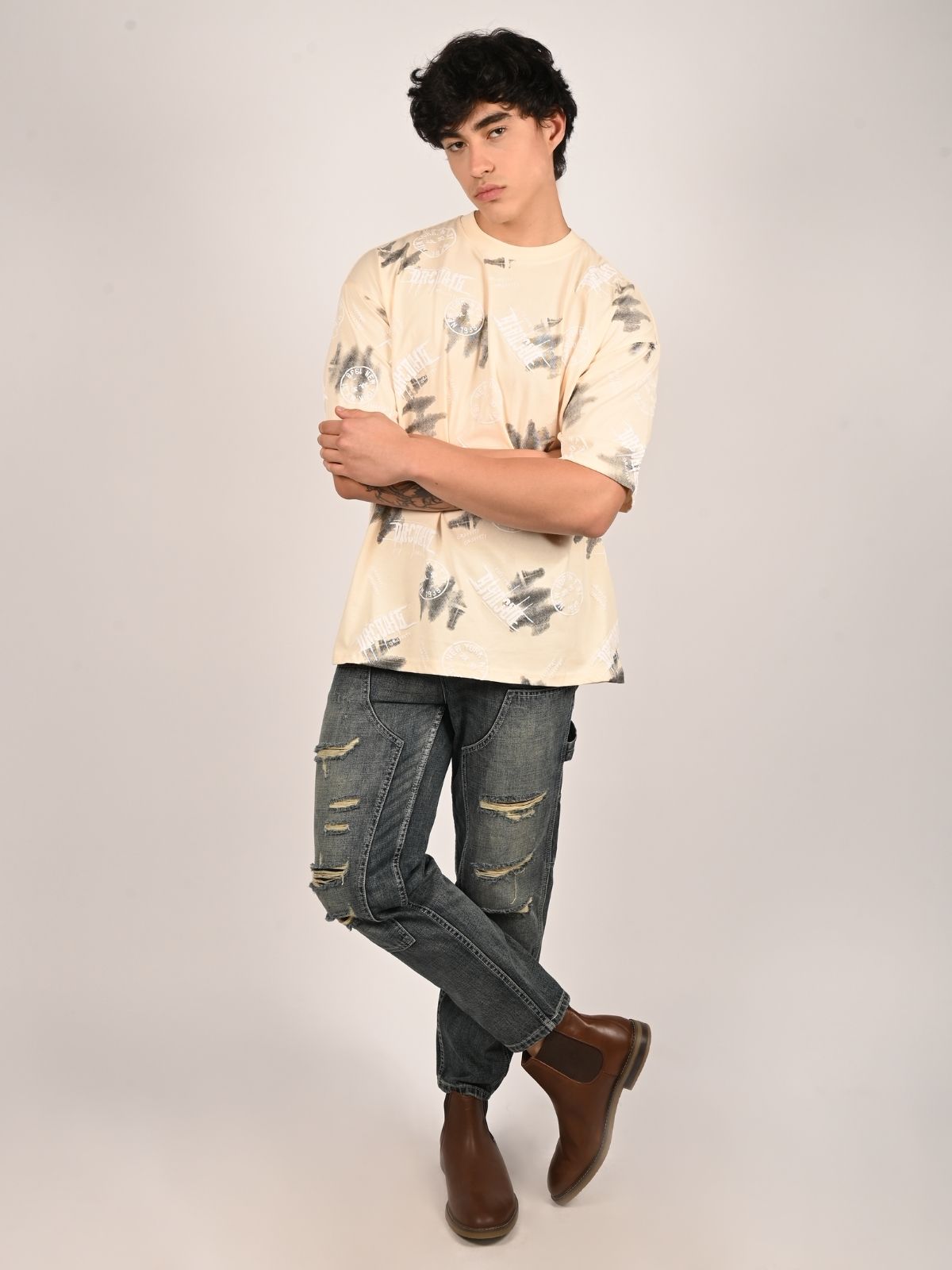 Franco Ivory Cotton Jersey Printed T-Shirt For Men